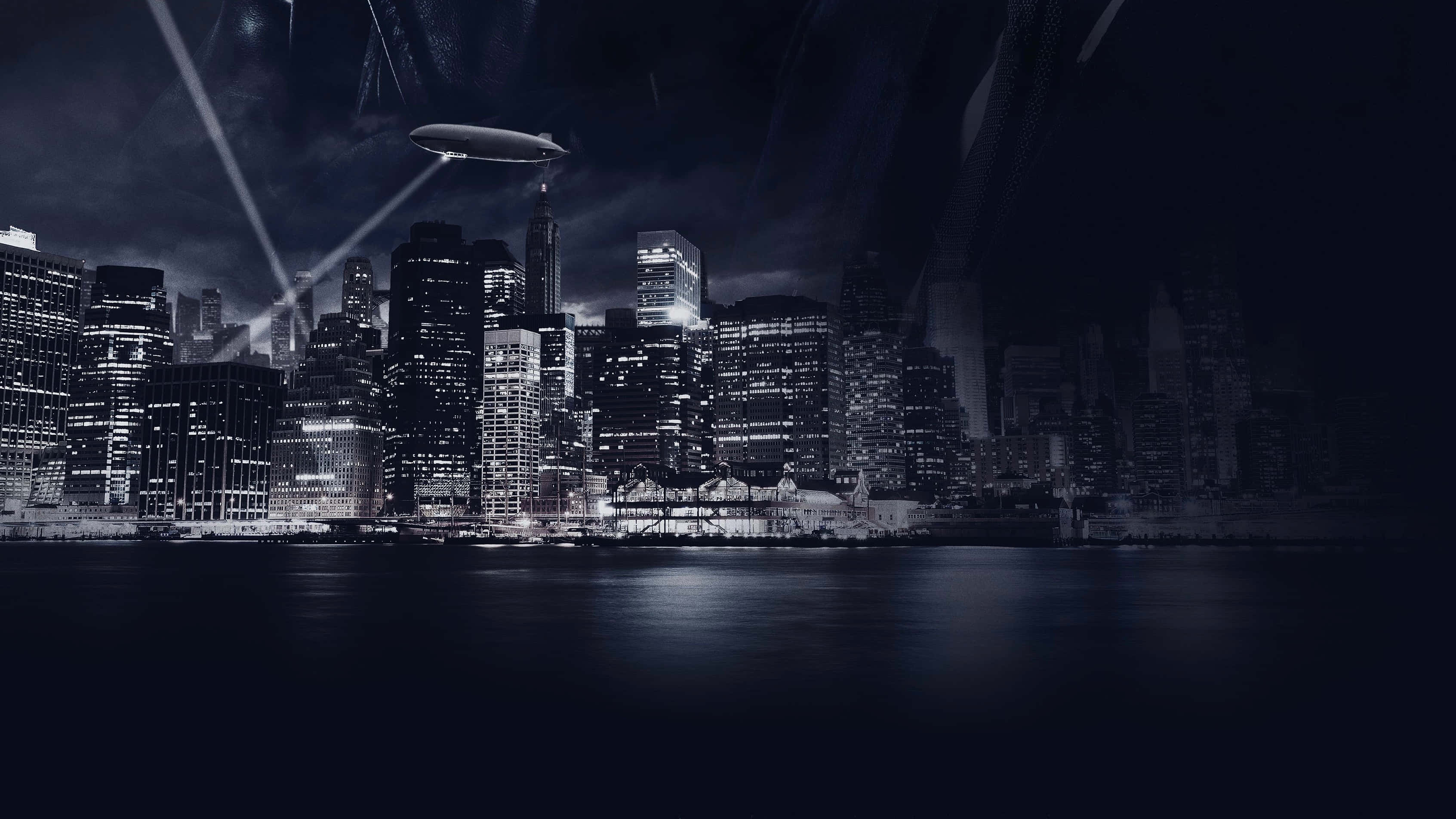 Gotham City, neon-lit city skyline, futuristic zeppelin, 2K Desktop Wallpaper