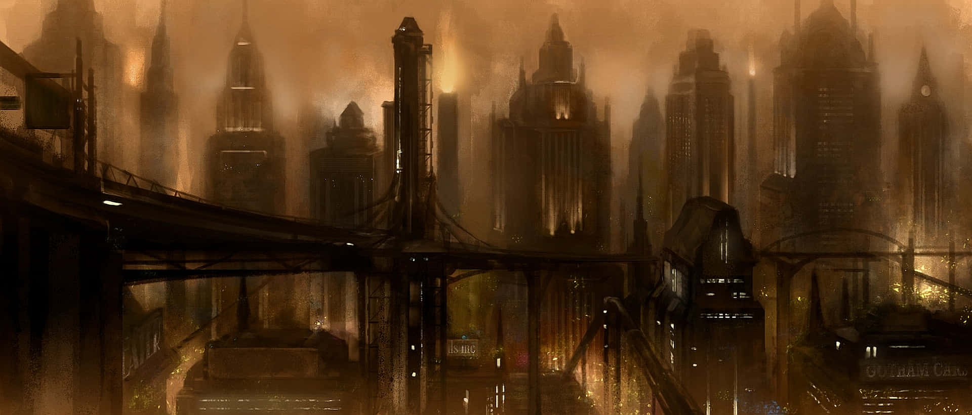 Gotham City, dusk, misty, Full HD Desktop Wallpaper