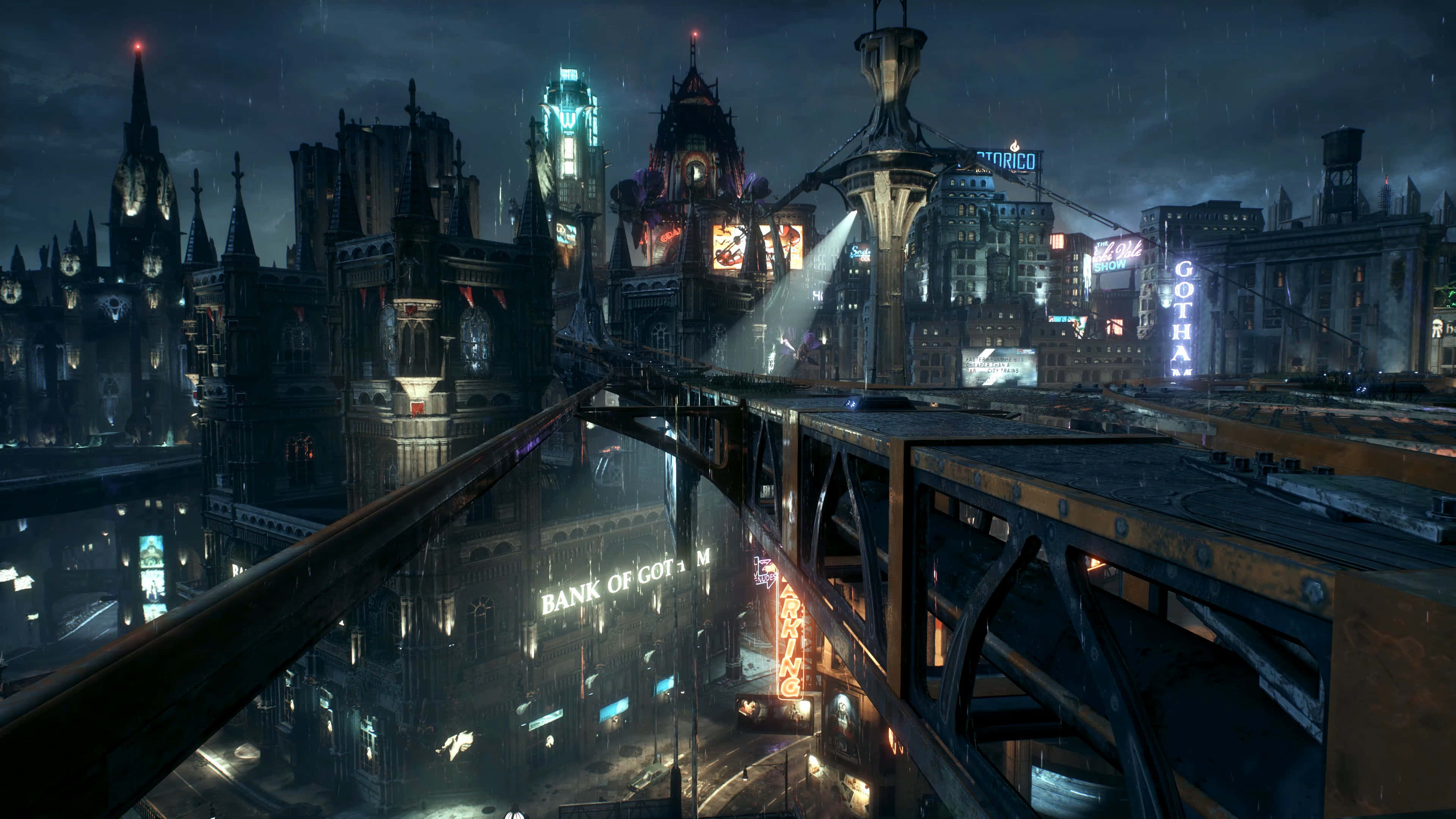 Gotham City, neon signs, gothic skyscrapers, 4K Desktop Wallpaper