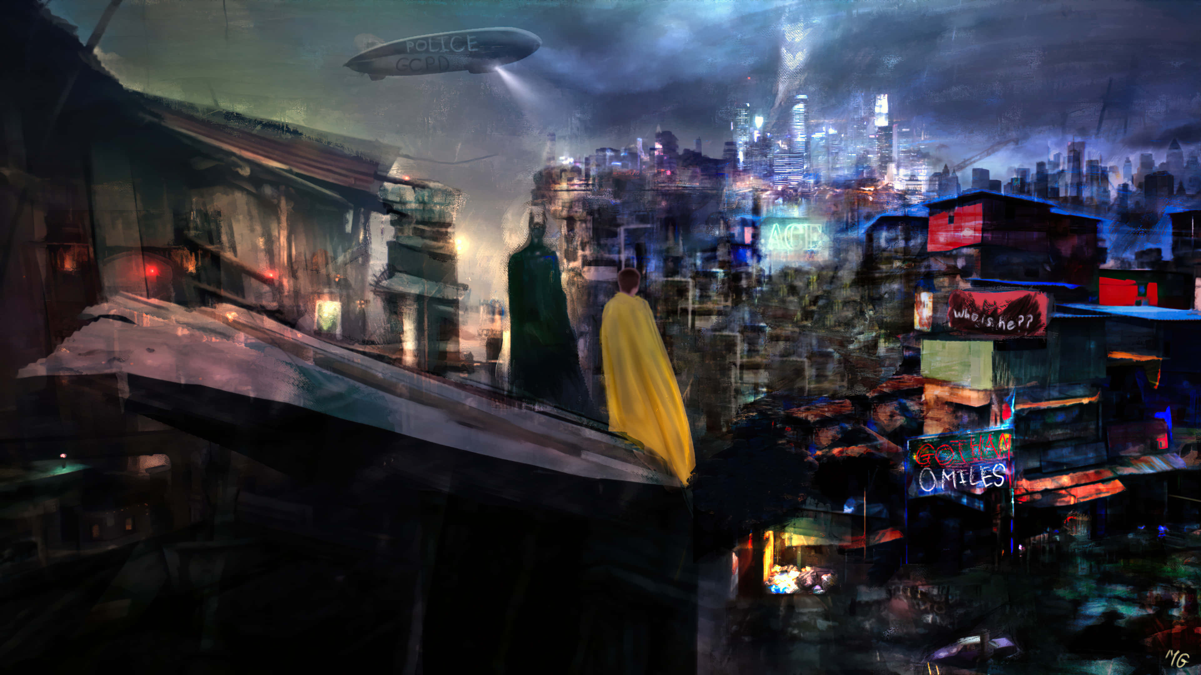 Gotham City, yellow cape, rooftop, 4K Desktop Wallpaper