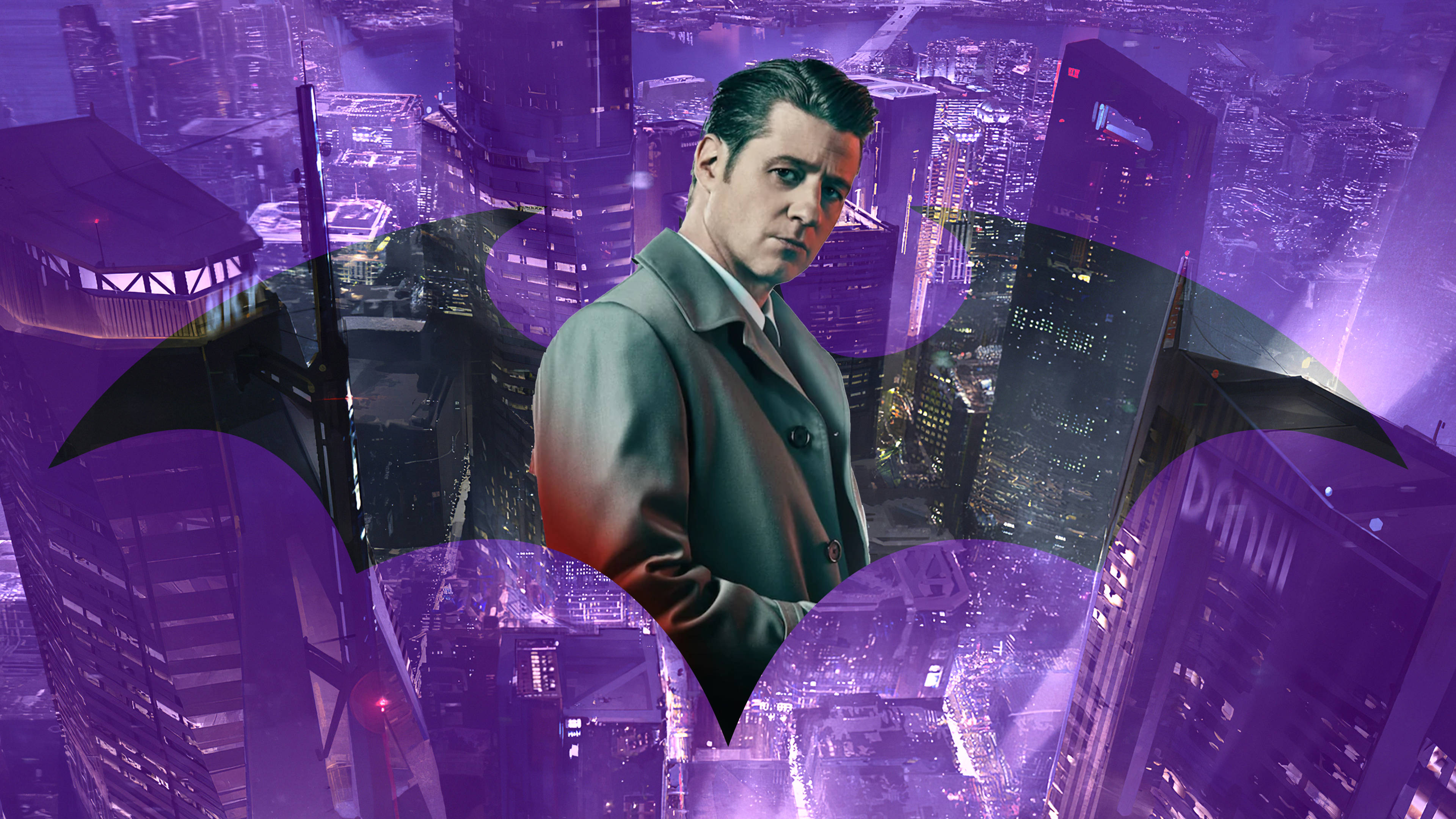 Gotham, trench coat, purple-hued cityscape, 4K Desktop Wallpaper