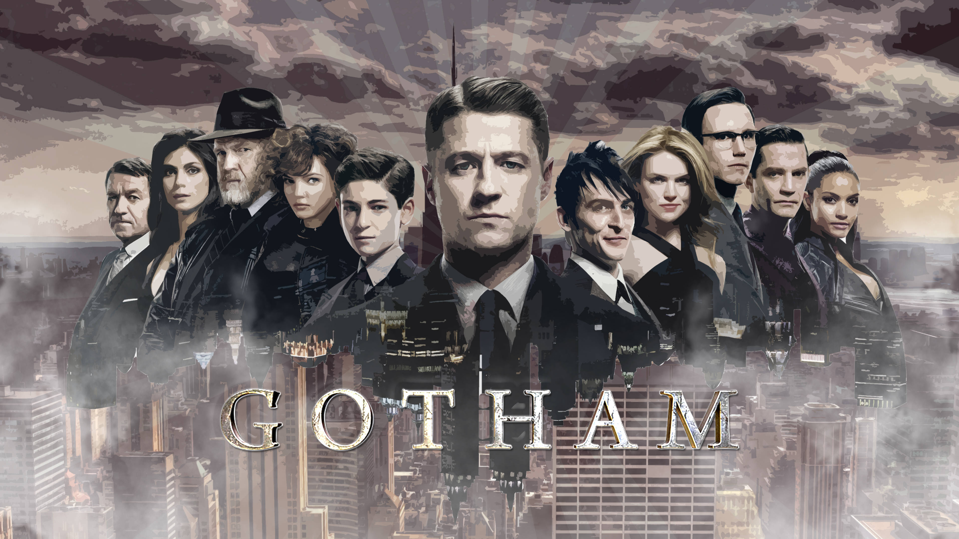 Gotham, main cast, misty cityscape, 4K Desktop Wallpaper
