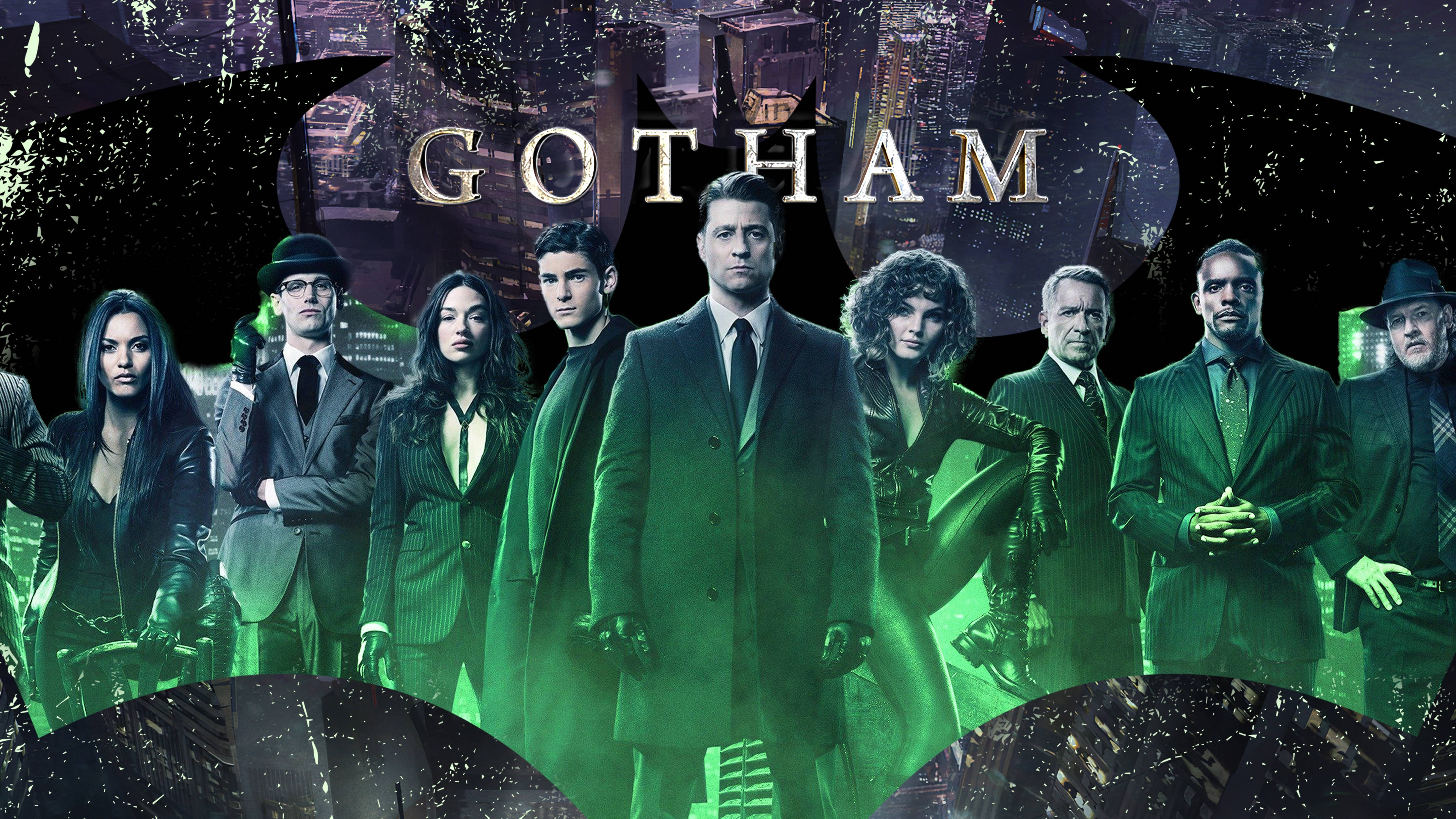 Gotham, green-lit cityscape, bat symbol, 4K Desktop Wallpaper