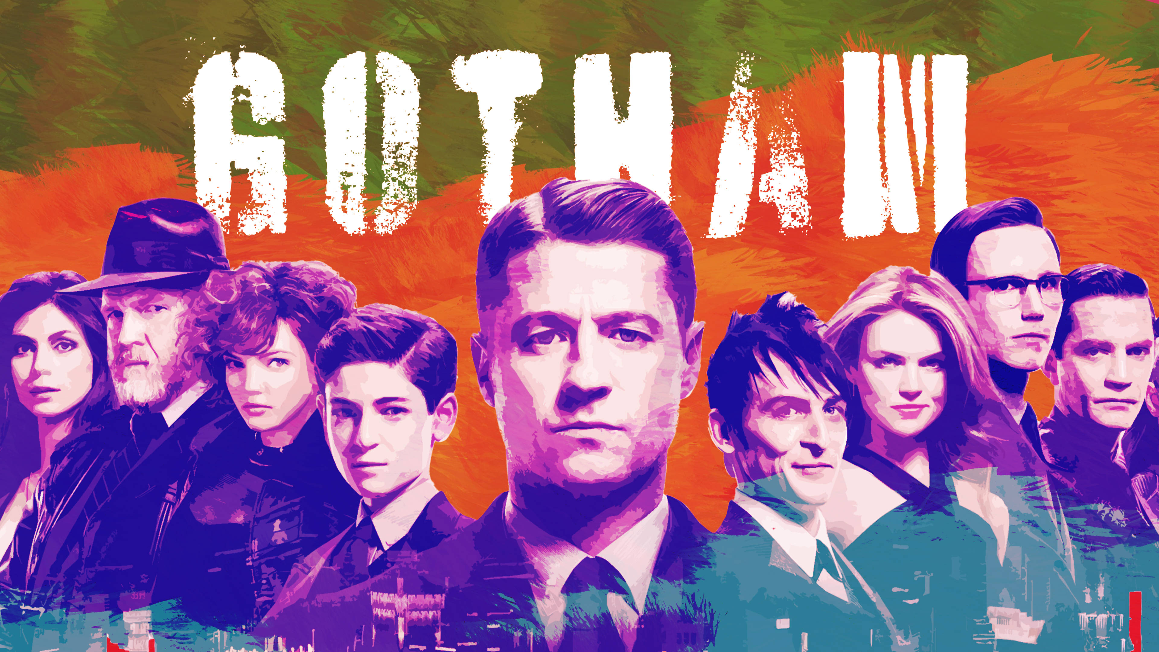 Gotham, fiery orange, green, 4K Desktop Wallpaper