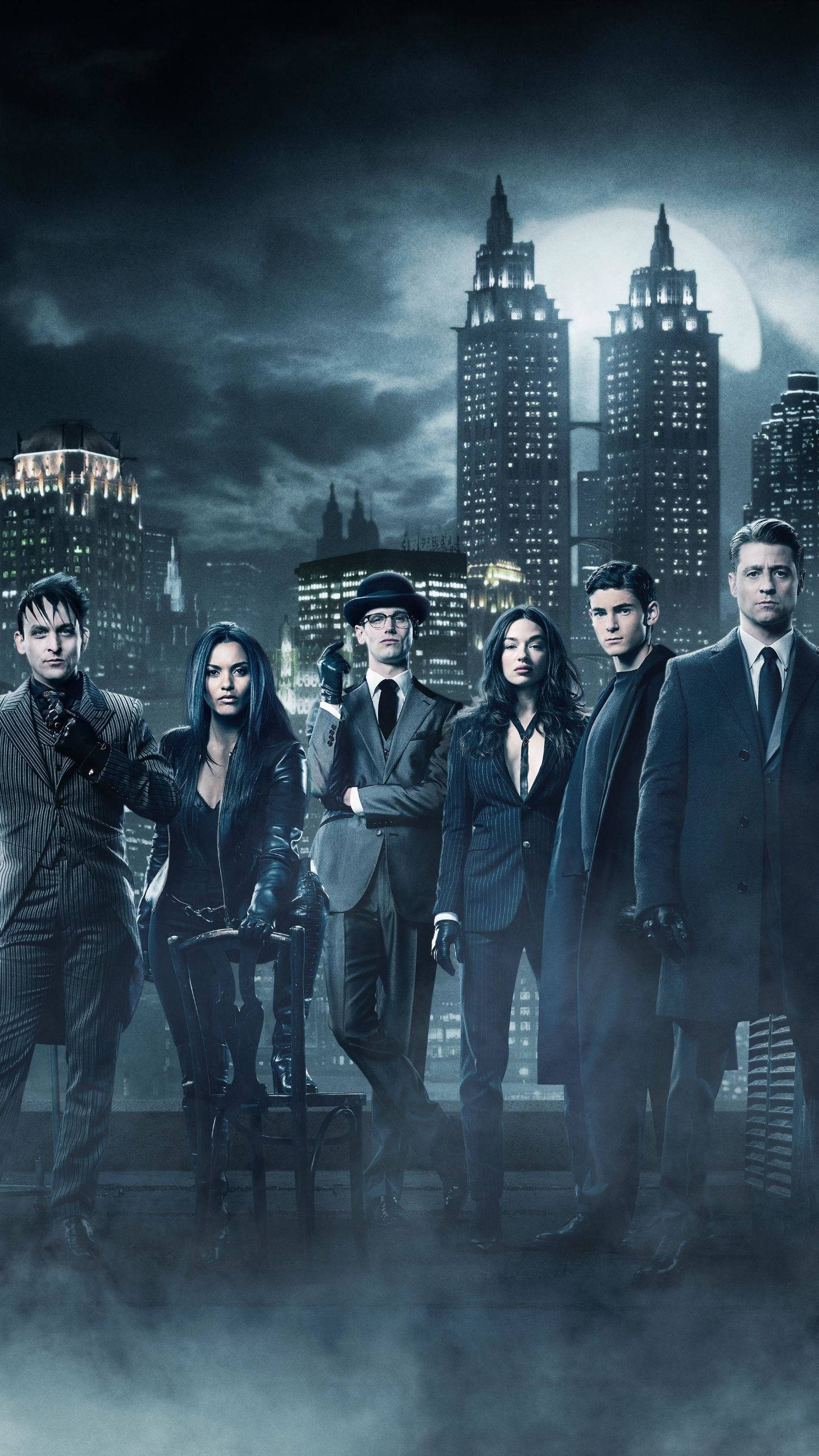 Gotham, moonlit city skyline, misty rooftop, 2K Phone Wallpaper