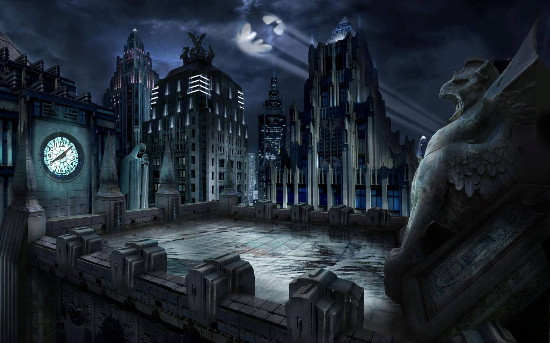 Gotham, dark grey buildings, gothic cityscape, Full HD Desktop Wallpaper
