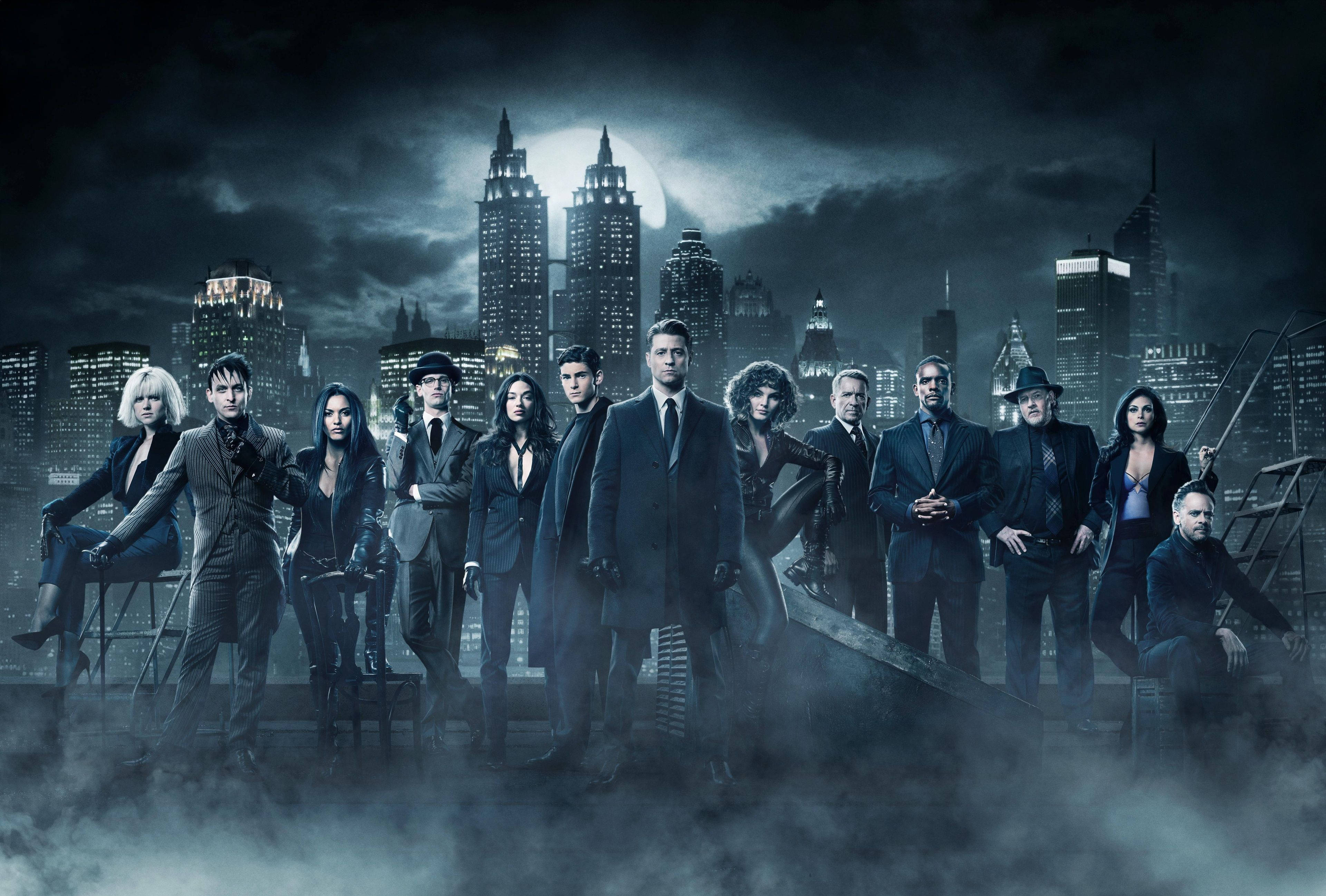 Gotham, foggy rooftop, moonlit city skyline, 4K Desktop Wallpaper