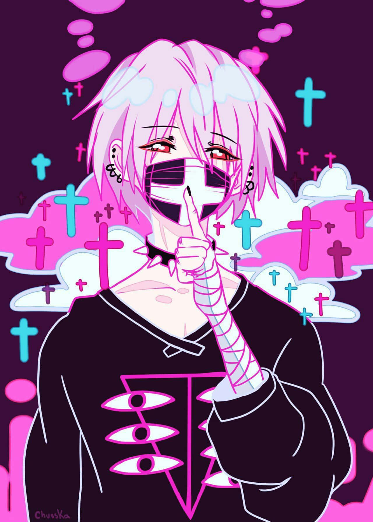 pink-haired anime character, mask, bandaged hand, HD Phone Wallpaper