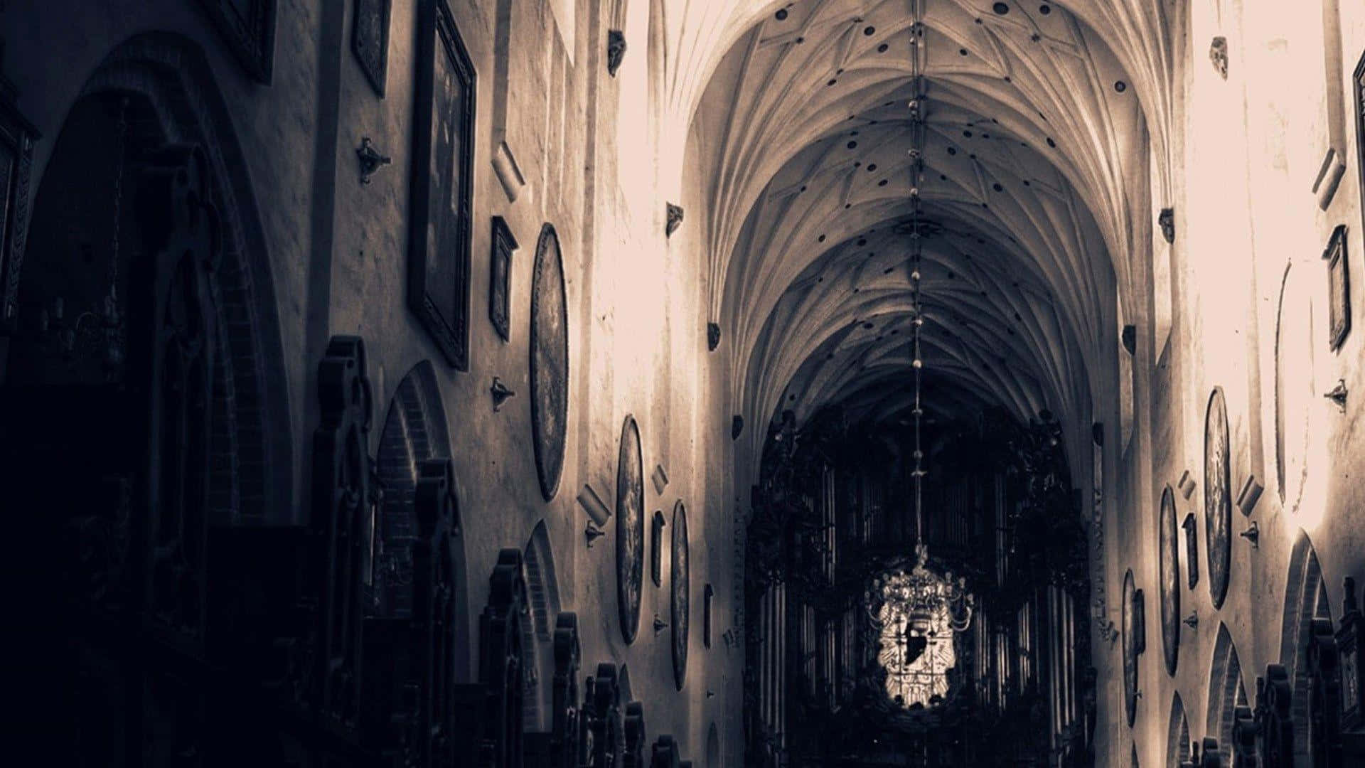cathedral nave, vaulted ceilings, hanging chandeliers, Full HD Desktop Wallpaper
