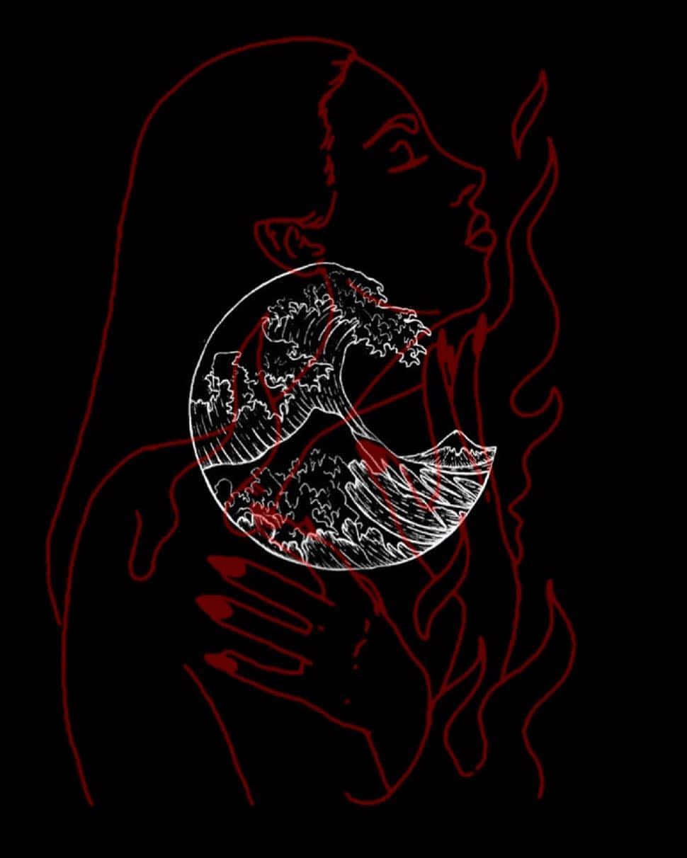 Gothic Aesthetic, red-lined silhouette, white circular wave, SD Phone Wallpaper