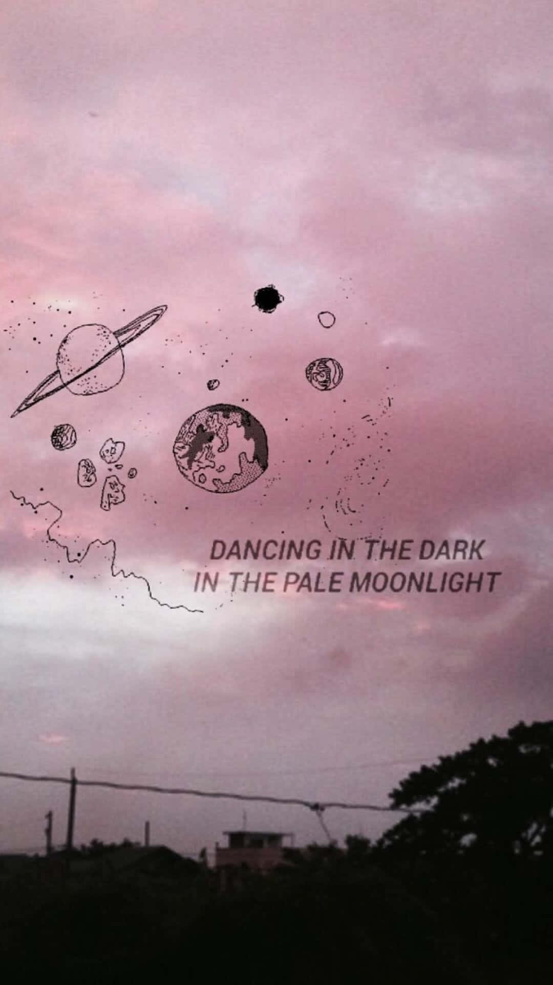 Gothic Aesthetic, pink twilight sky, hand-drawn planets, Full HD Phone Wallpaper