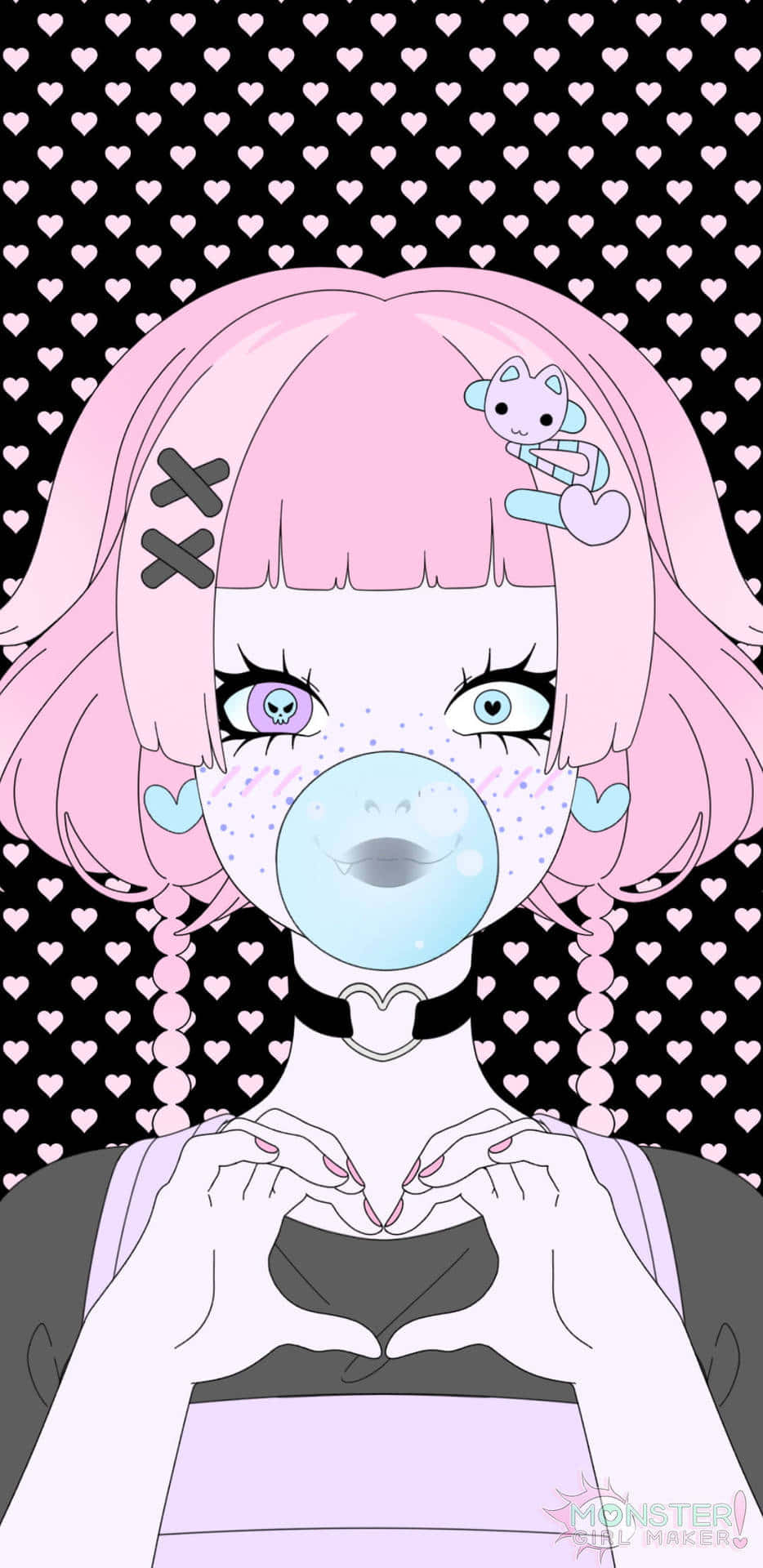 pink-haired anime girl, bubblegum bubble, heart with her hands, Full HD Phone Wallpaper