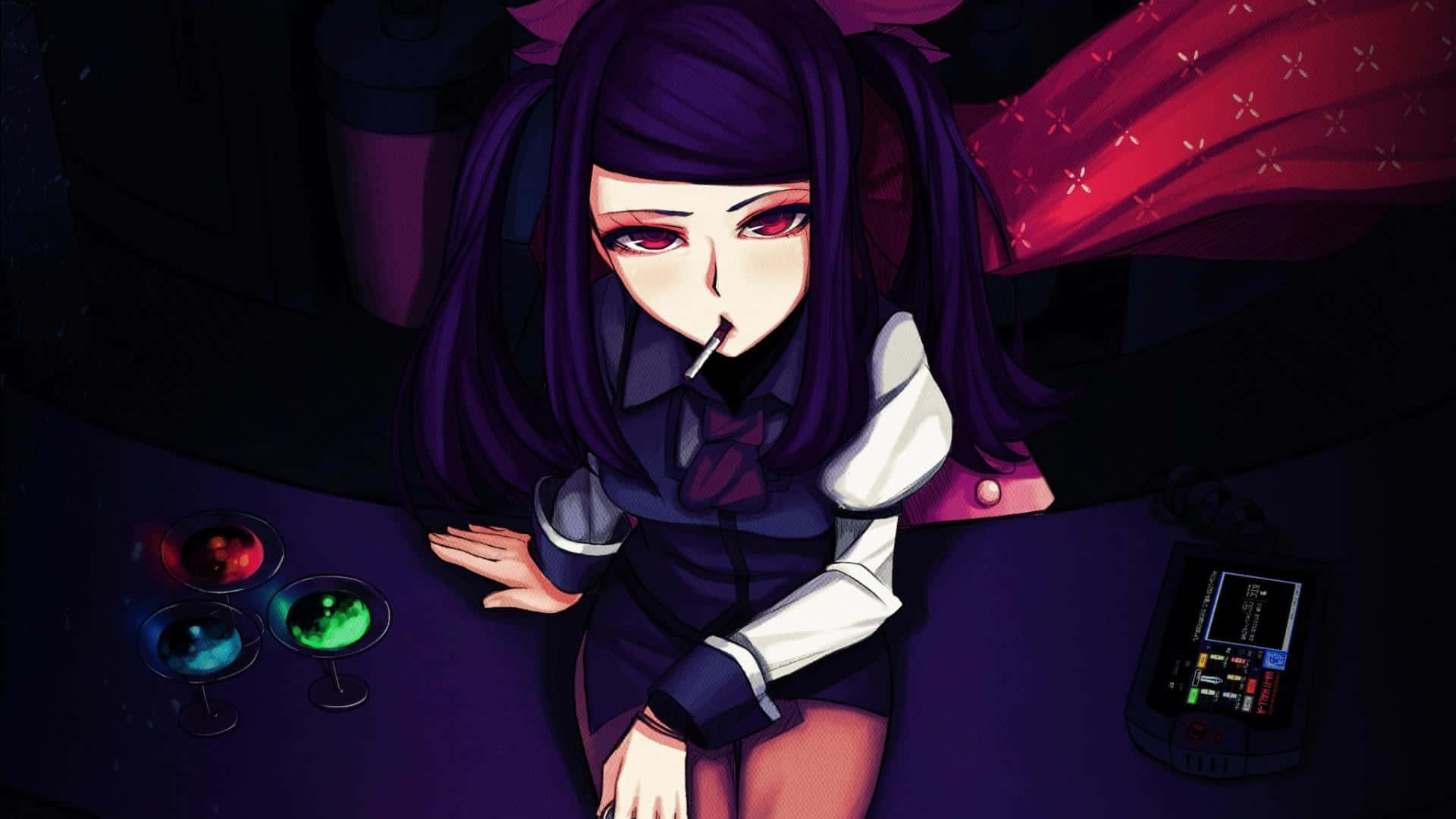Gothic Aesthetic, dark-haired anime girl, red eyes, Full HD Desktop Wallpaper