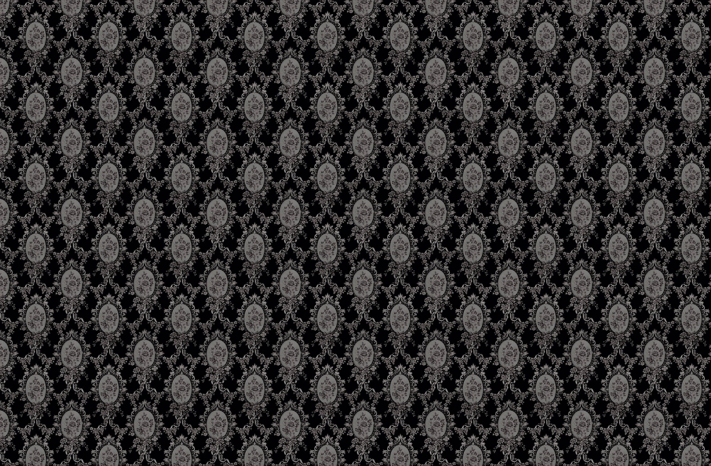 Victorian Gothic pattern, damask pattern, gray on black background, Full HD Desktop Wallpaper