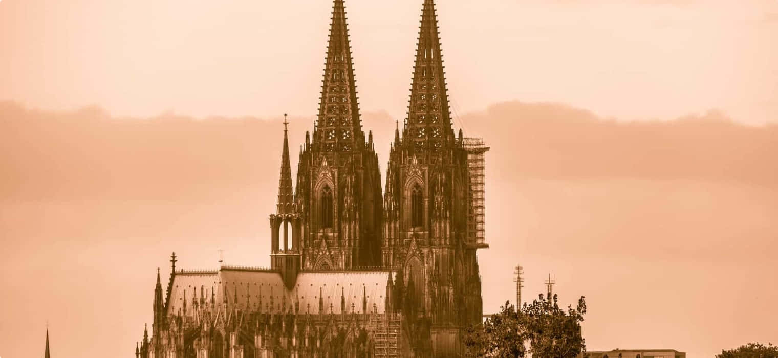 Gothic Architecture, twin spires, hazy sepia sky, HD Desktop Wallpaper