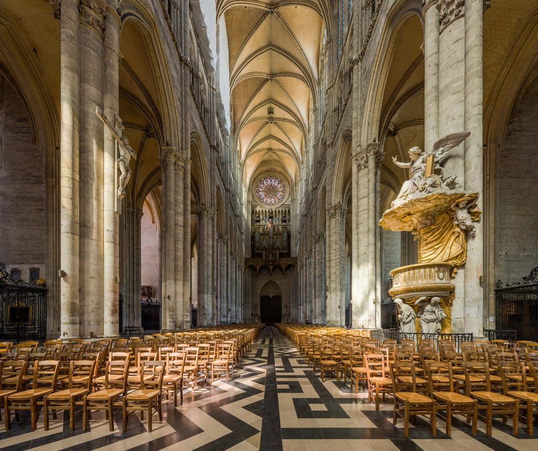 Gothic architecture, rose window, wooden chairs, SD Desktop Wallpaper