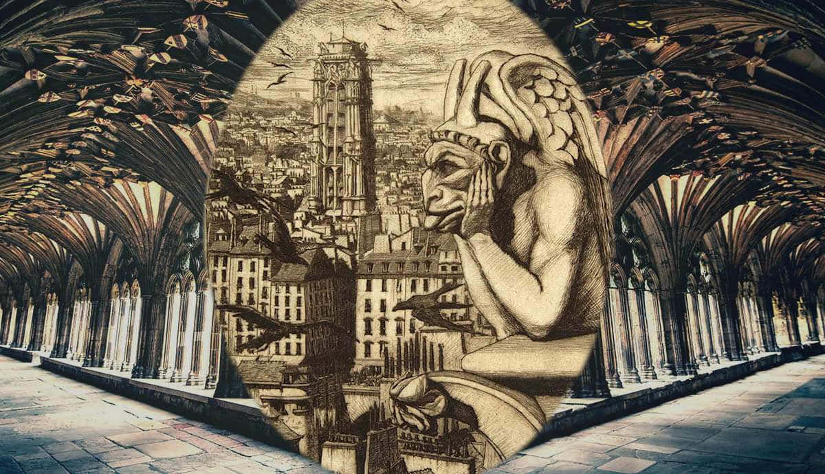 gargoyle statue, gothic cathedral, stone arches, SD Desktop Wallpaper
