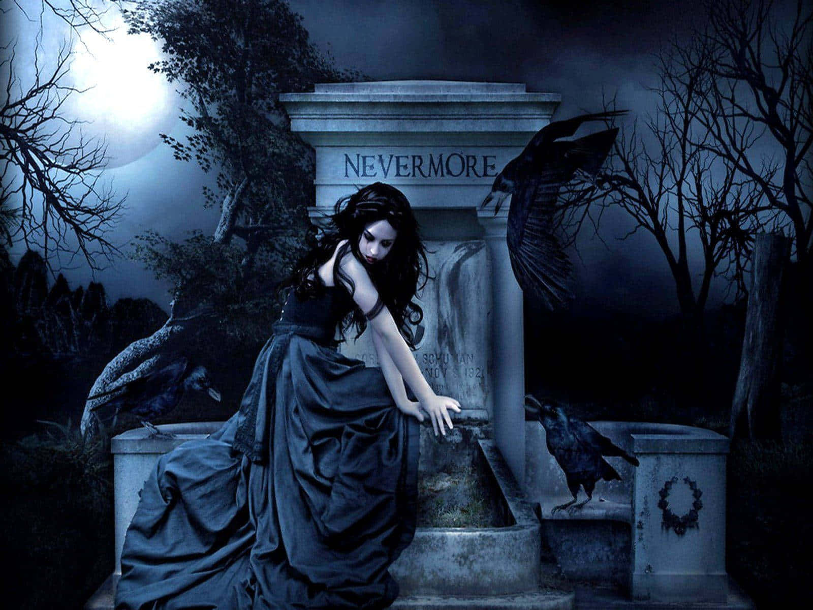 Gothic Style Interior Design, black gown, tombstone inscribed nevermore, HD Desktop Wallpaper