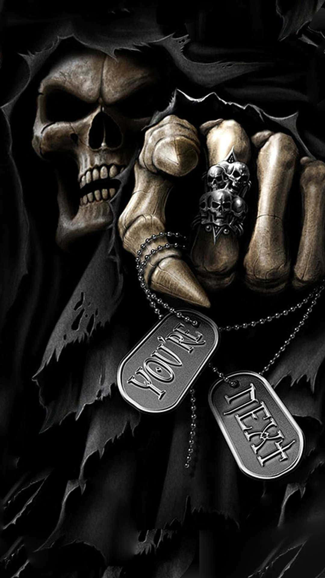 grim reaper skull, skeletal hands, dog tags reading you're next, Full HD Phone Wallpaper