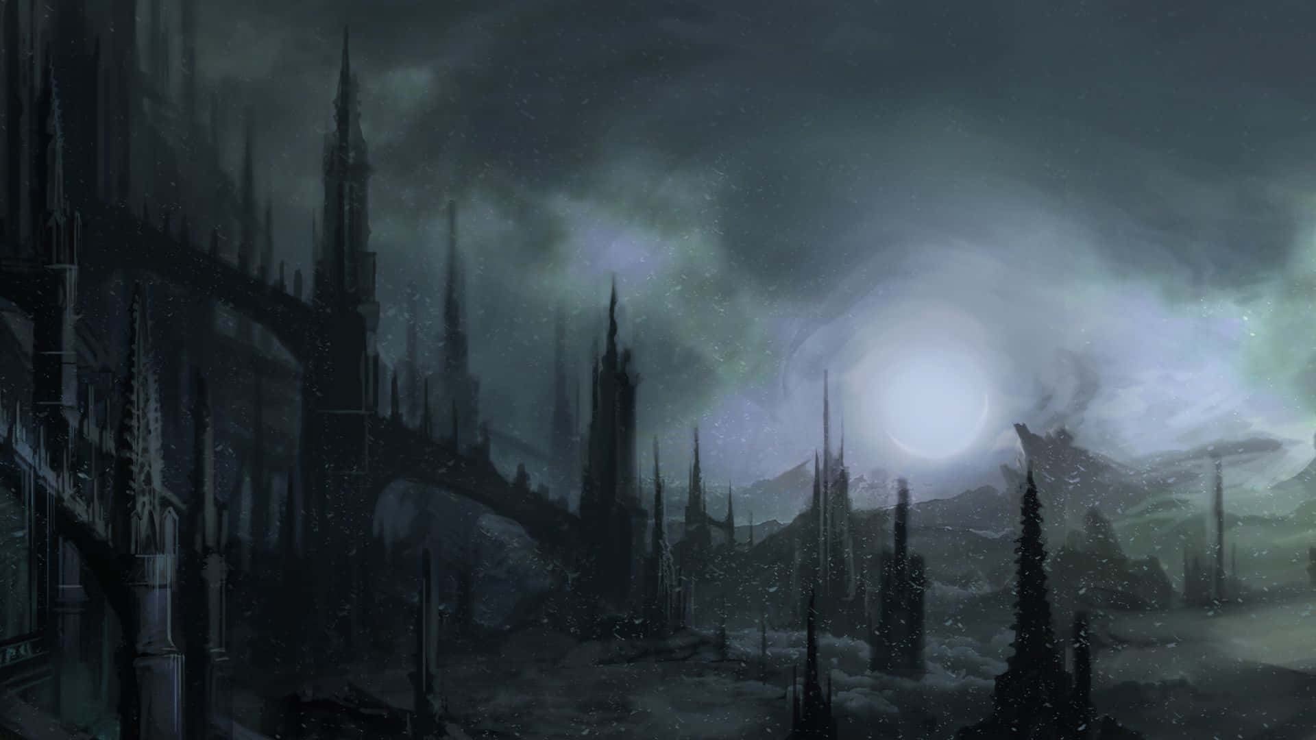 Gothic Computer, glowing moon, dark spires, Full HD Desktop Wallpaper