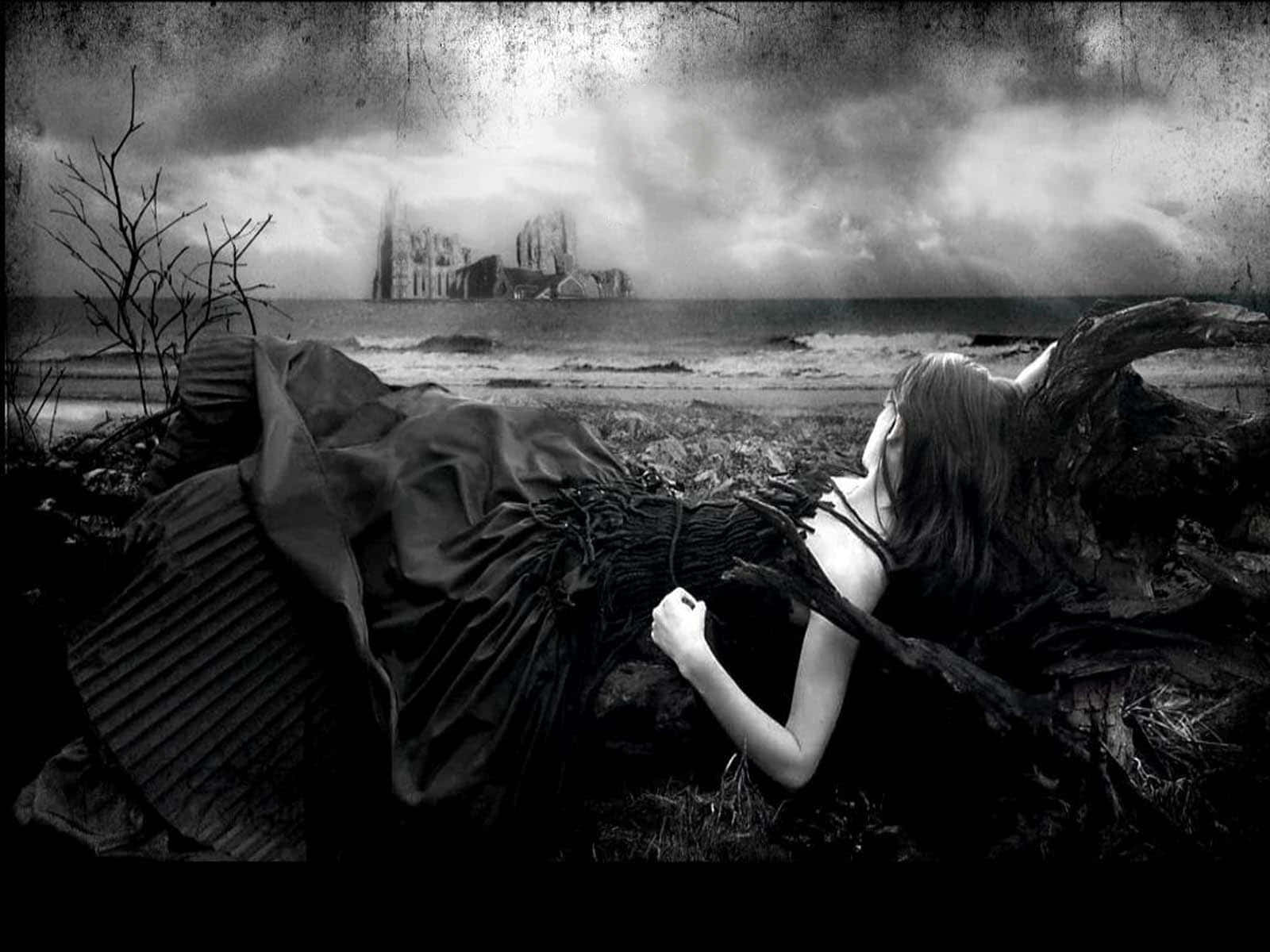 Gothic Computer, stormy beach, ruined castle, HD Desktop Wallpaper