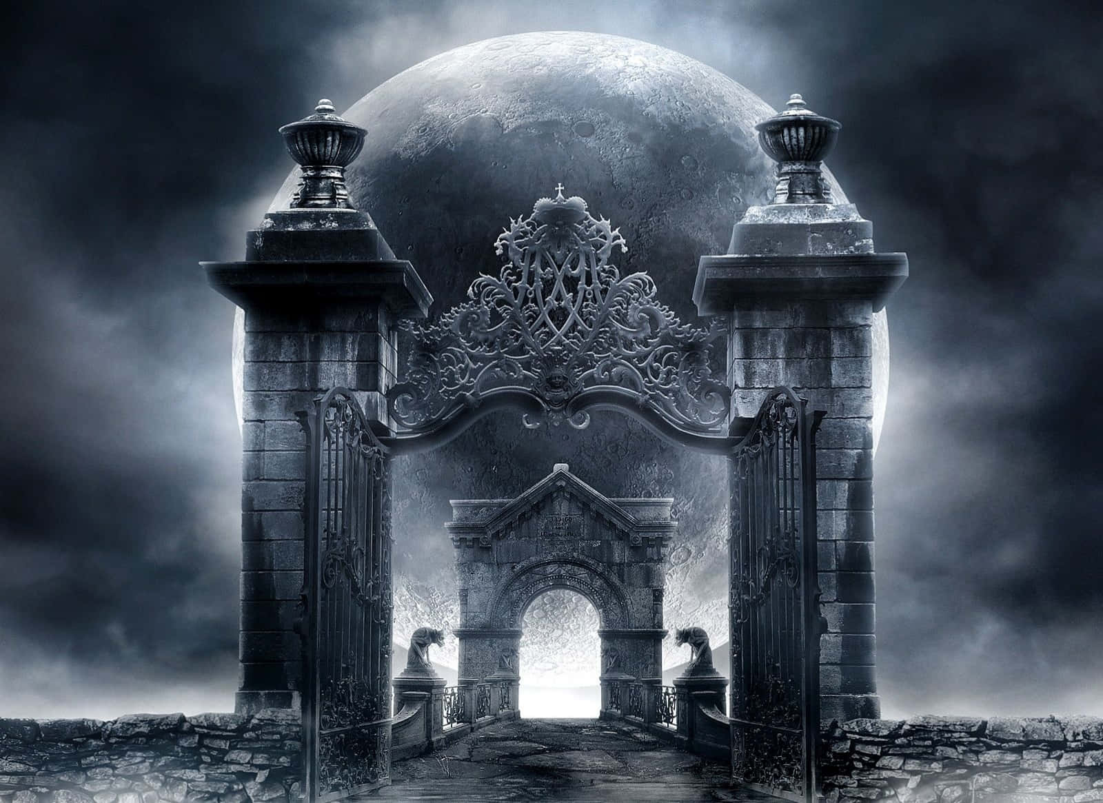 Gothic Computer, ornate stone gate, massive moon, HD Desktop Wallpaper
