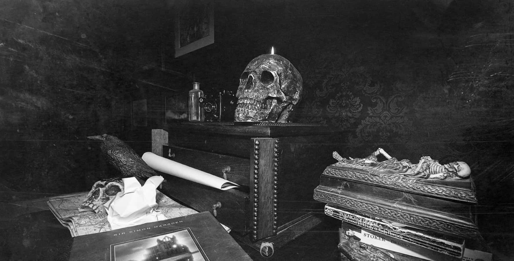 Gothic Computer, skull candle, wooden chest, HD Desktop Wallpaper