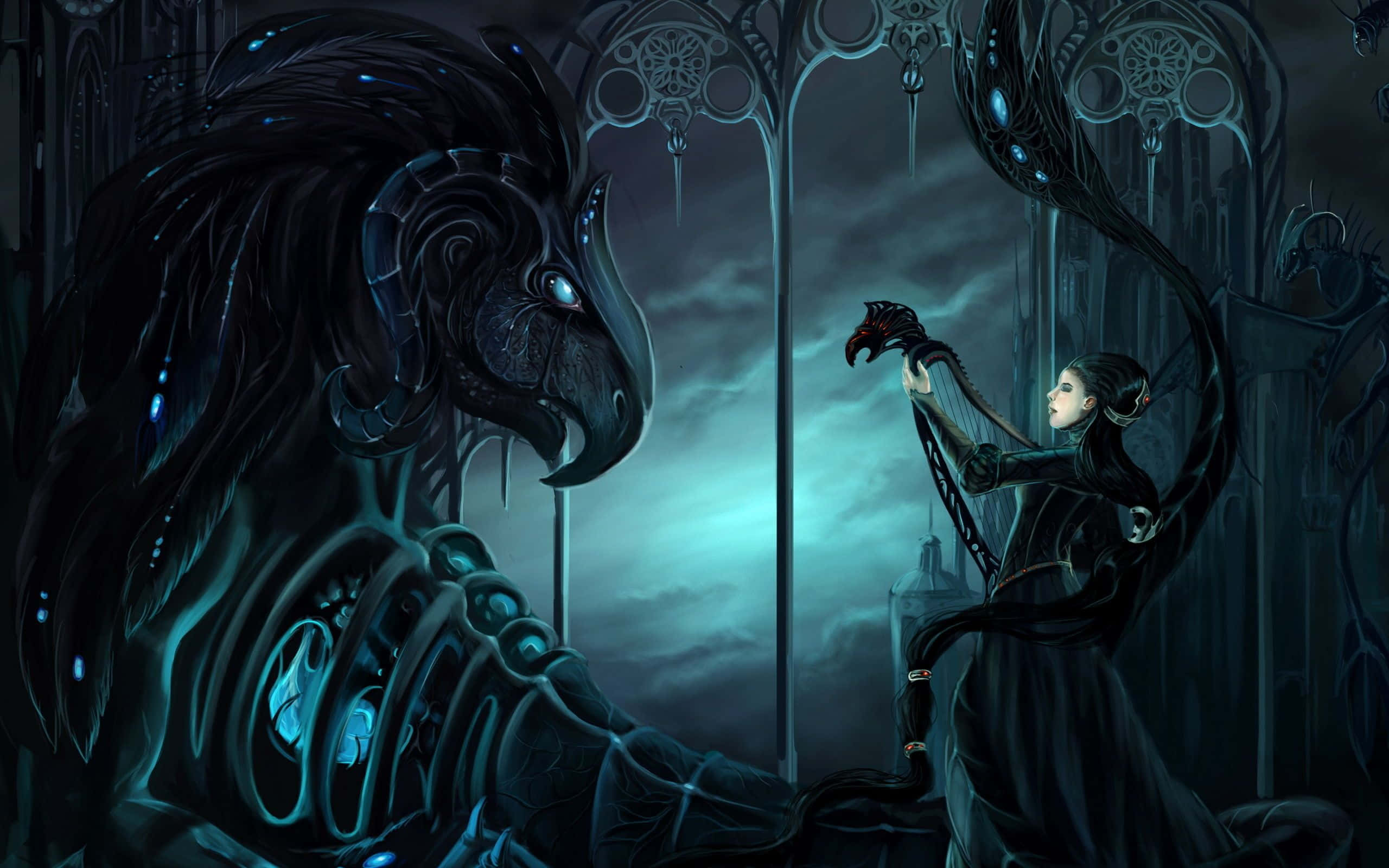 gothic cathedral, skeletal horse, glowing blue eyes, 2K Desktop Wallpaper