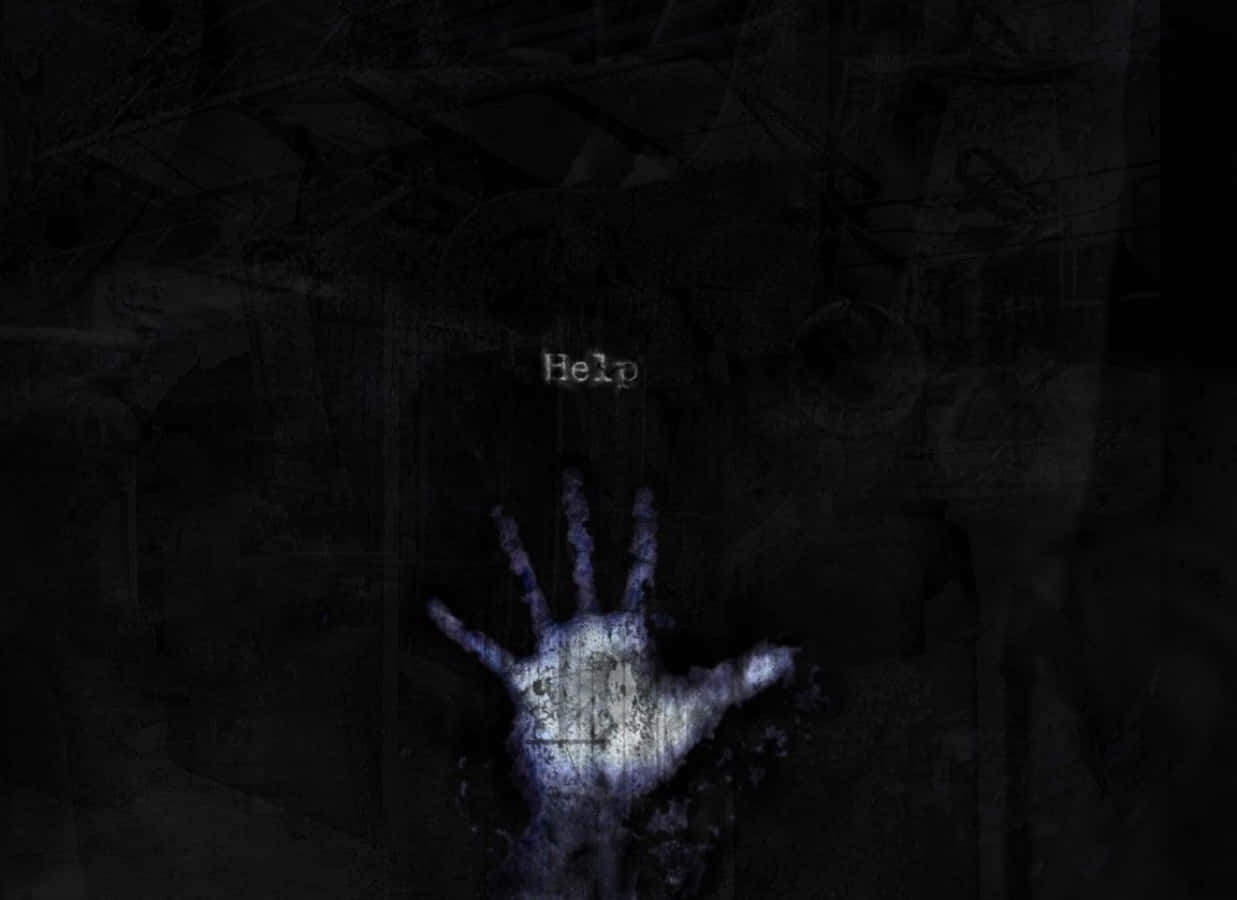 Gothic Computer, ghostly blue handprint, dark textured wall, SD Desktop Wallpaper