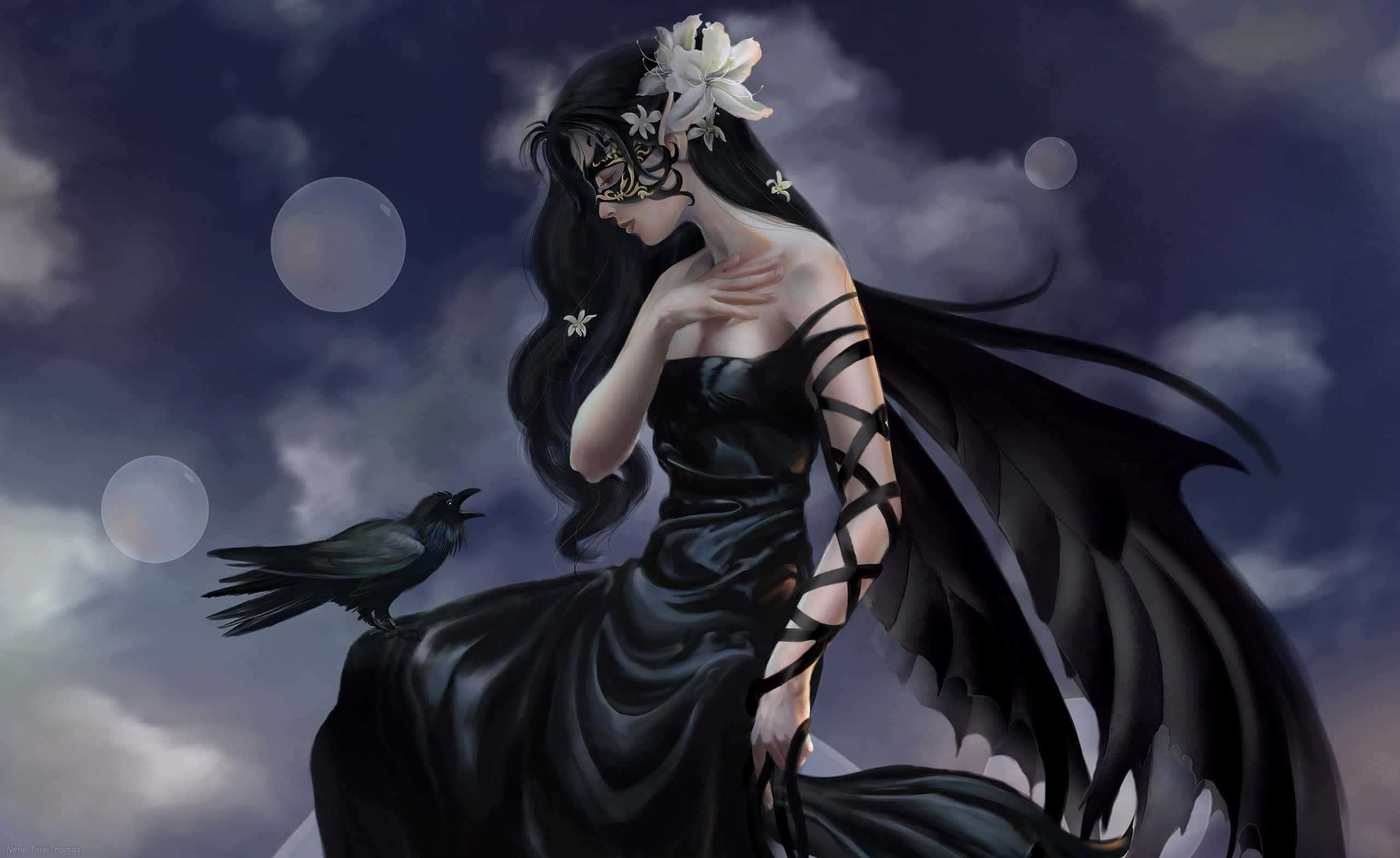 black woman, raven, black gown, 2K Desktop Wallpaper