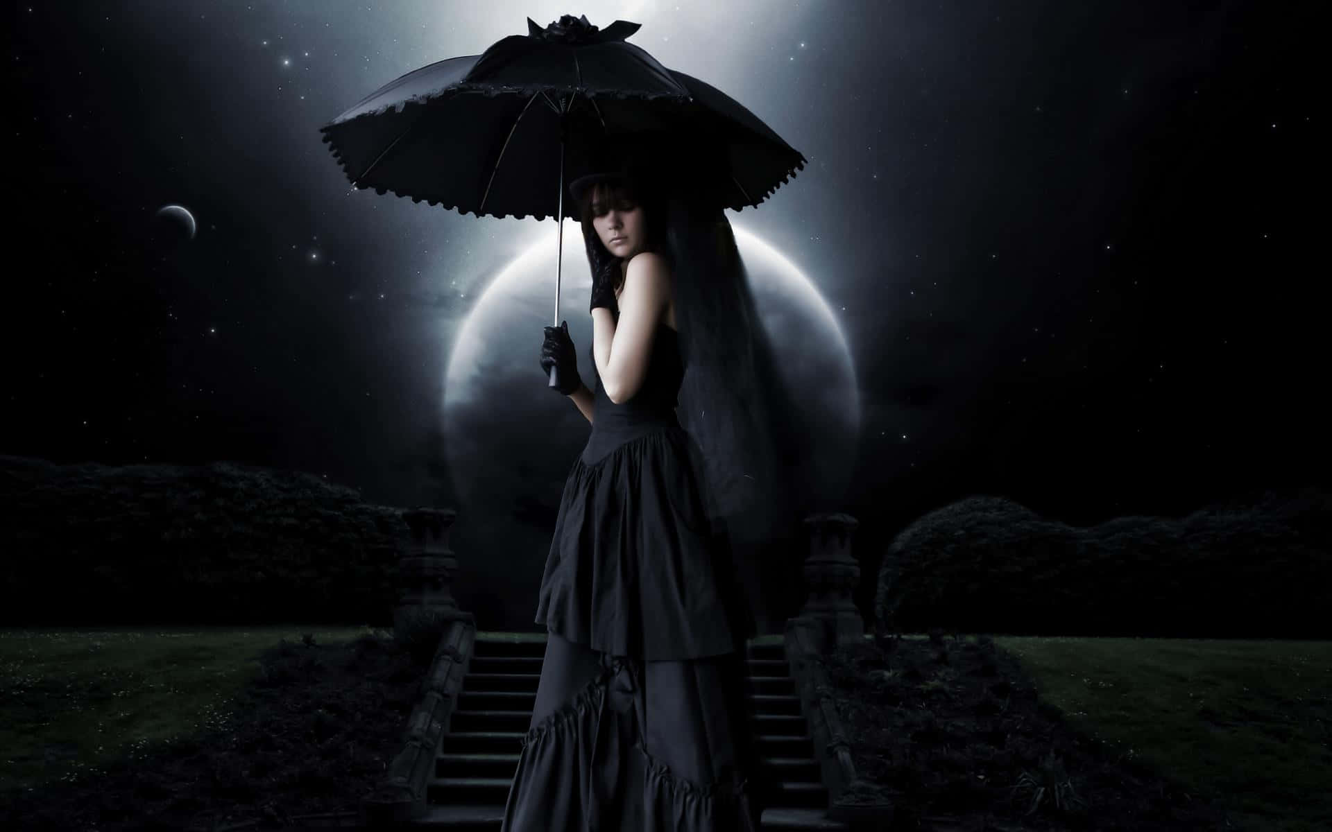 Gothic Computer, black gown, lace-edged umbrella, Full HD Desktop Wallpaper