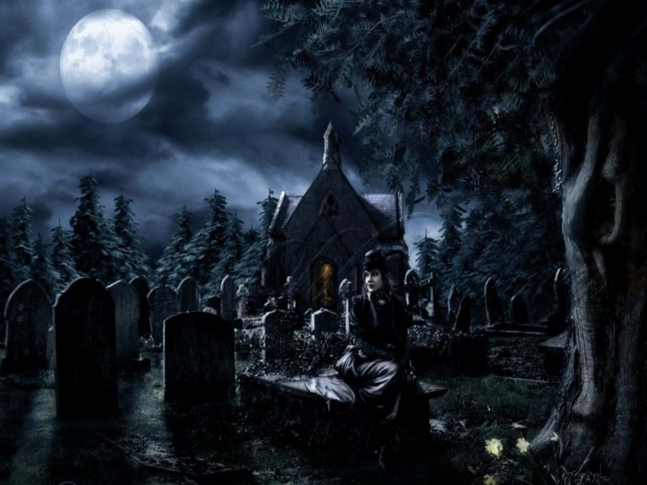 gothic woman, full moon, cemetery, HD Desktop Wallpaper