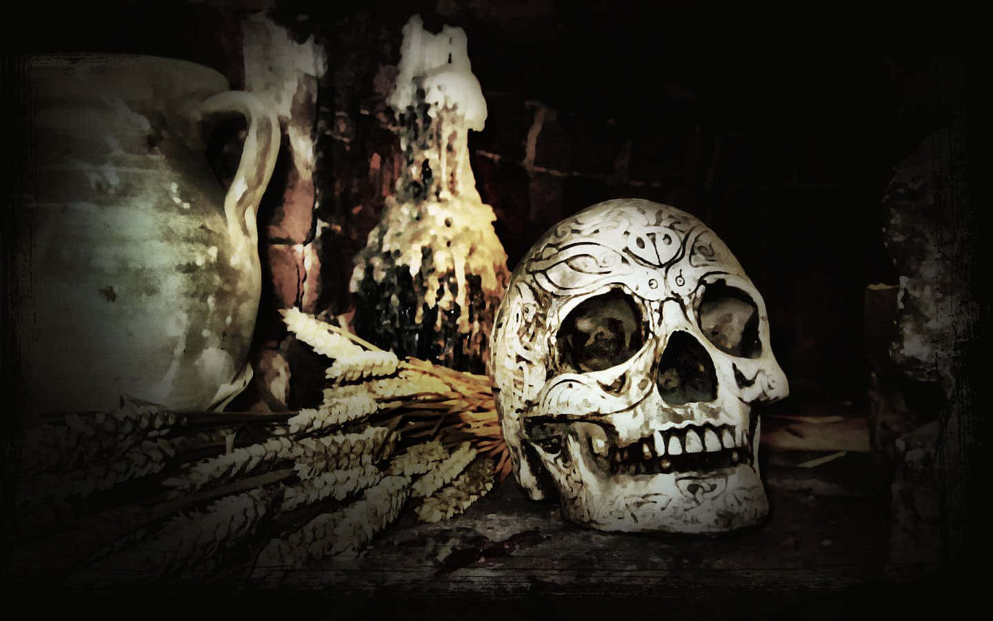 Gothic Computer, skull, wheat stalks, HD Desktop Wallpaper