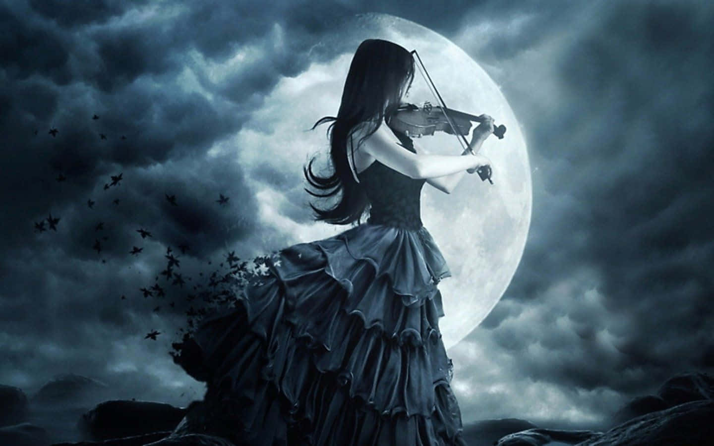 Gothic Computer, violin, full moon, HD Desktop Wallpaper
