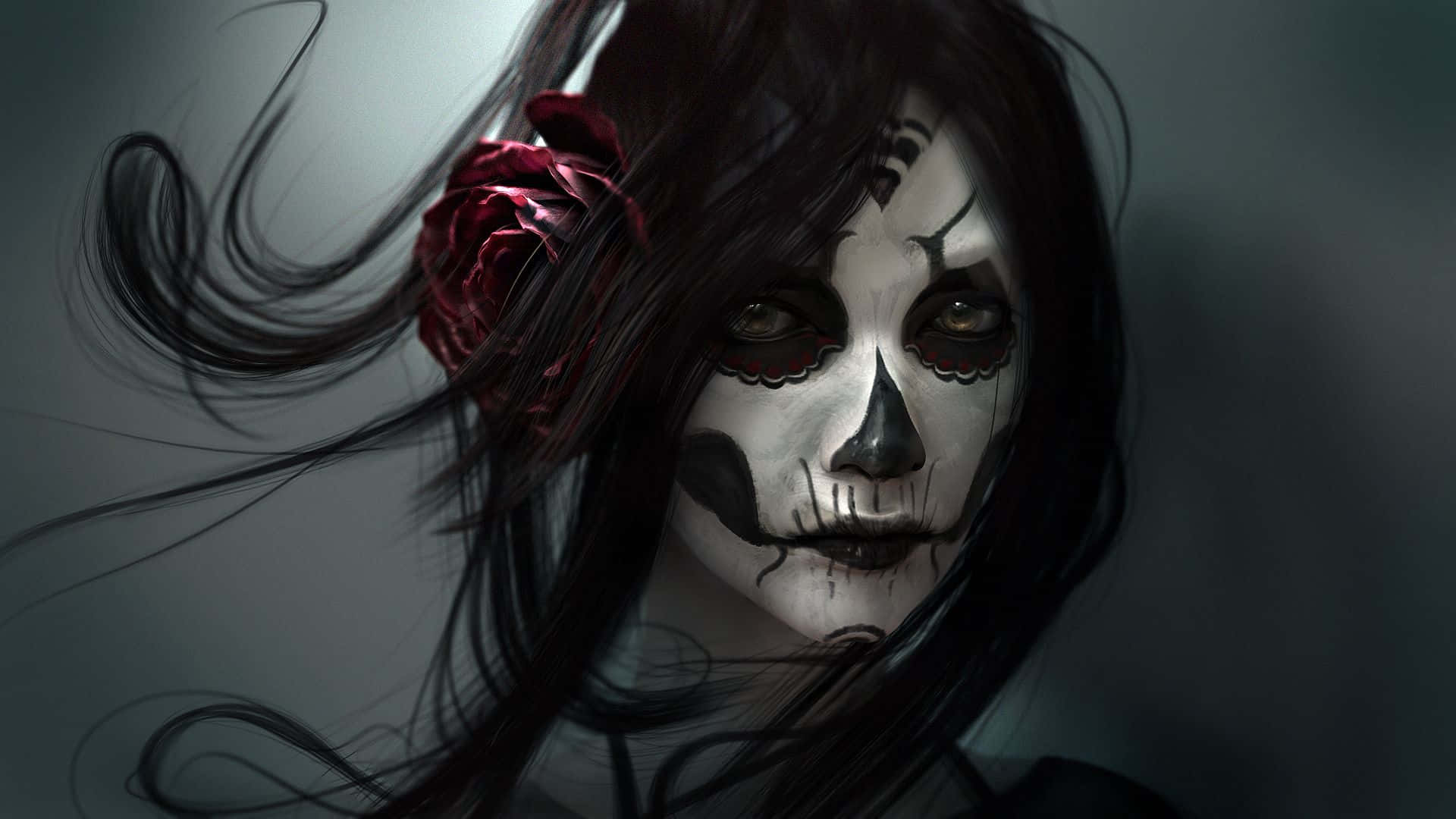 Gothic Computer, skull makeup, red rose, Full HD Desktop Wallpaper