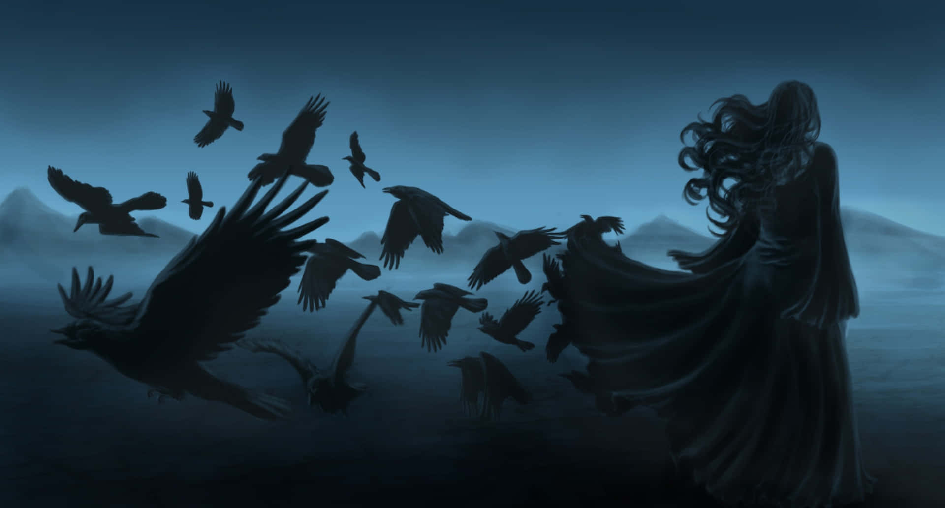 Gothic Computer, cloaked figure, crows, Full HD Desktop Wallpaper