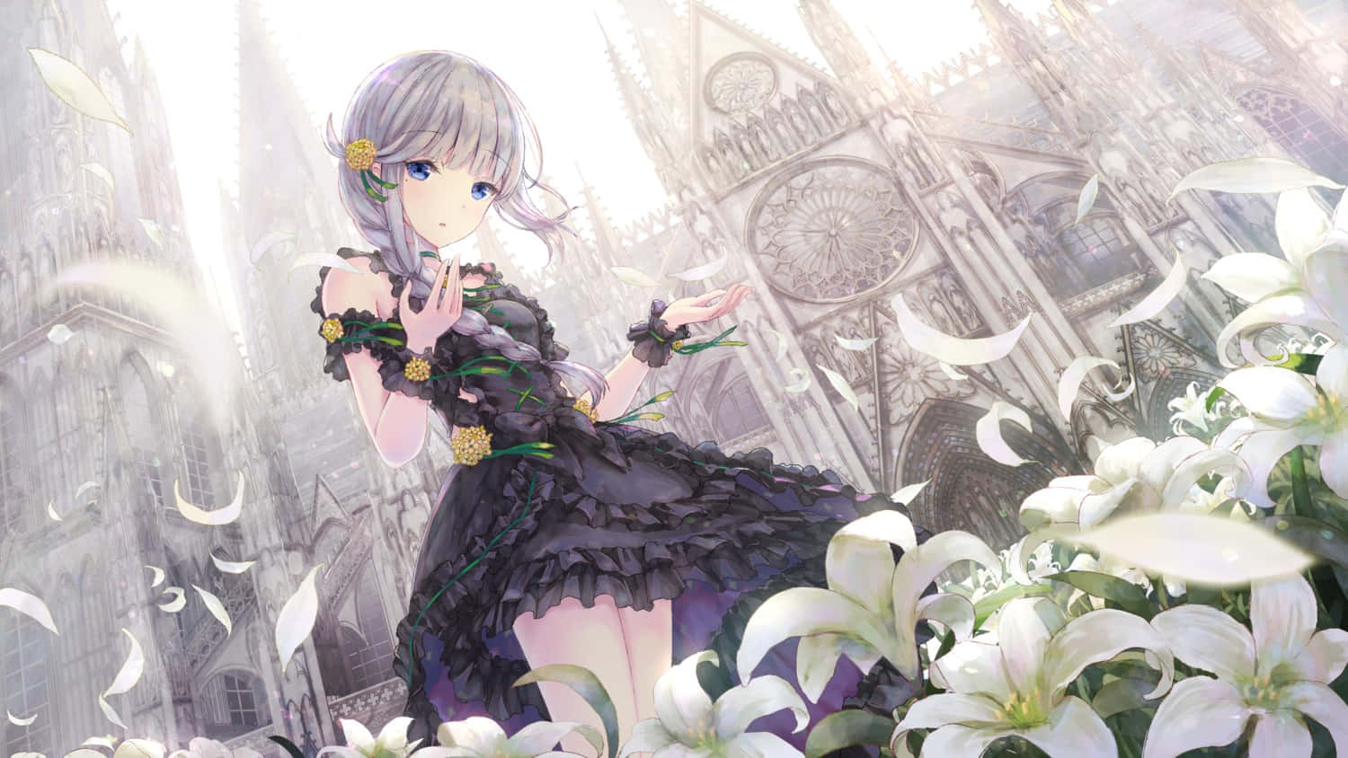 silver-haired anime girl, black floral dress, falling white lilies, HD Desktop Wallpaper