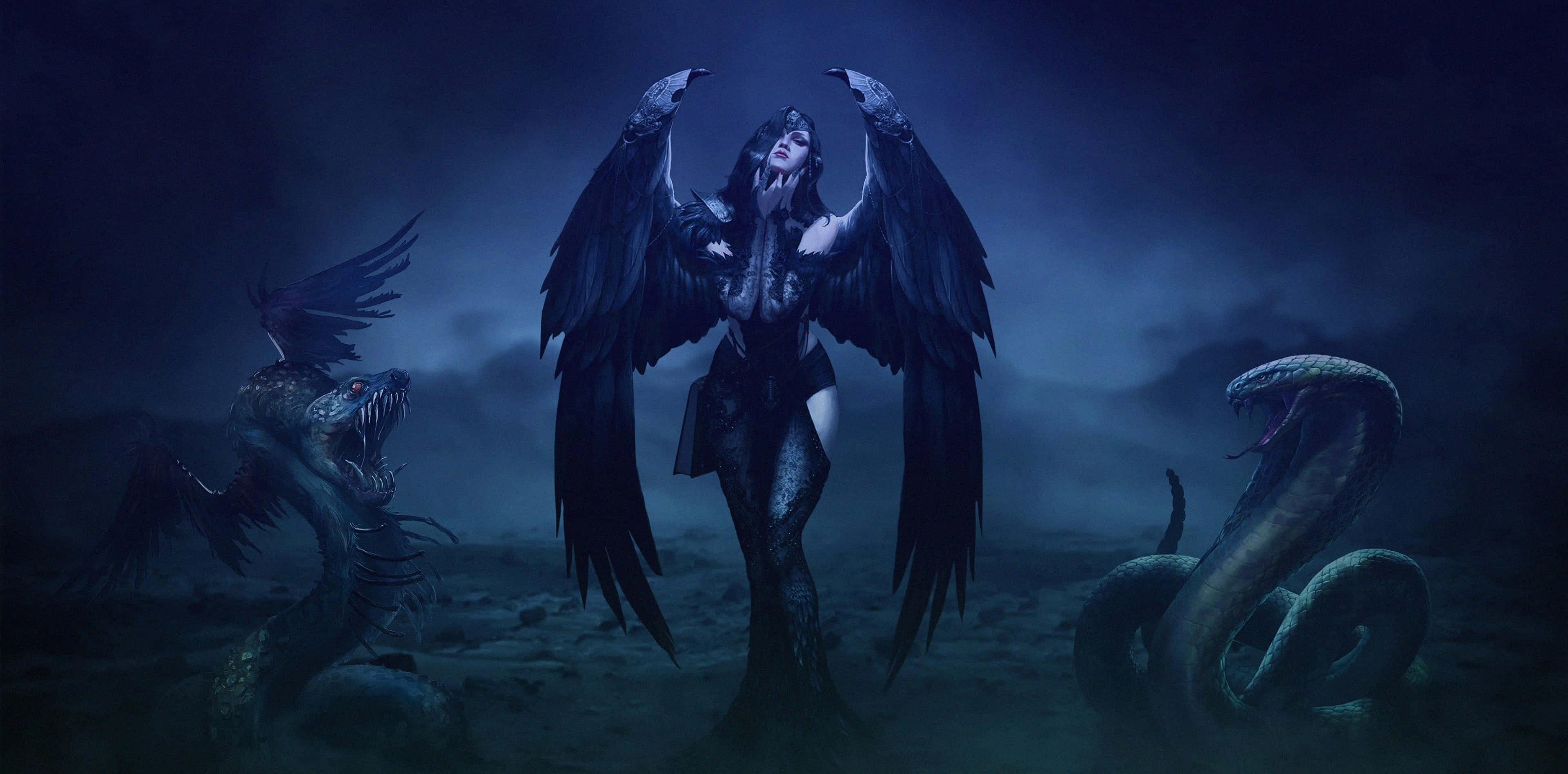 Gothic costume, dark-winged female figure, serpentine monsters, 4K Desktop Wallpaper