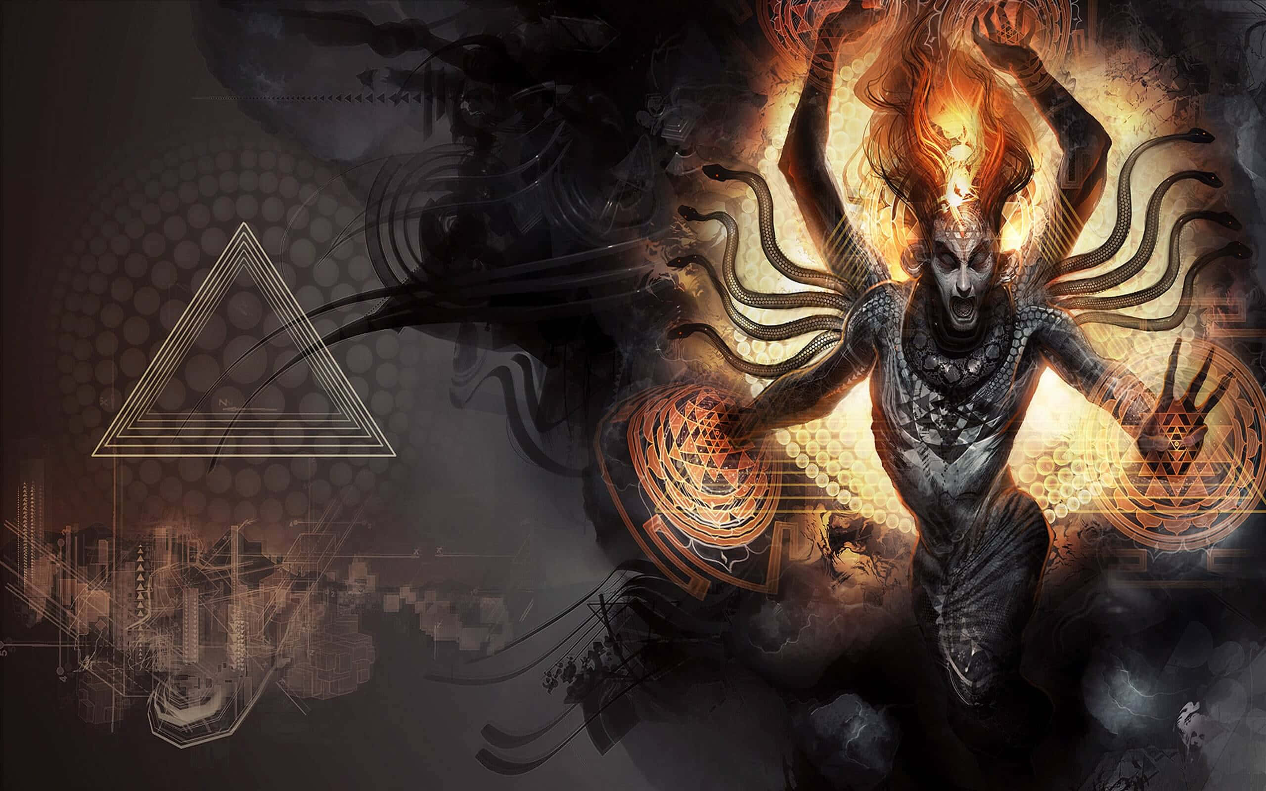 Gothic Artwork, fiery demonic figure, glowing eyes, 2K Desktop Wallpaper