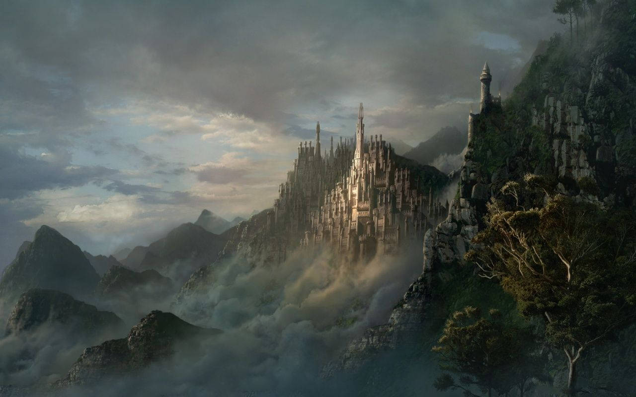 medieval fantasy mountain castle, gothic castle, misty mountain peak, HD Desktop Wallpaper