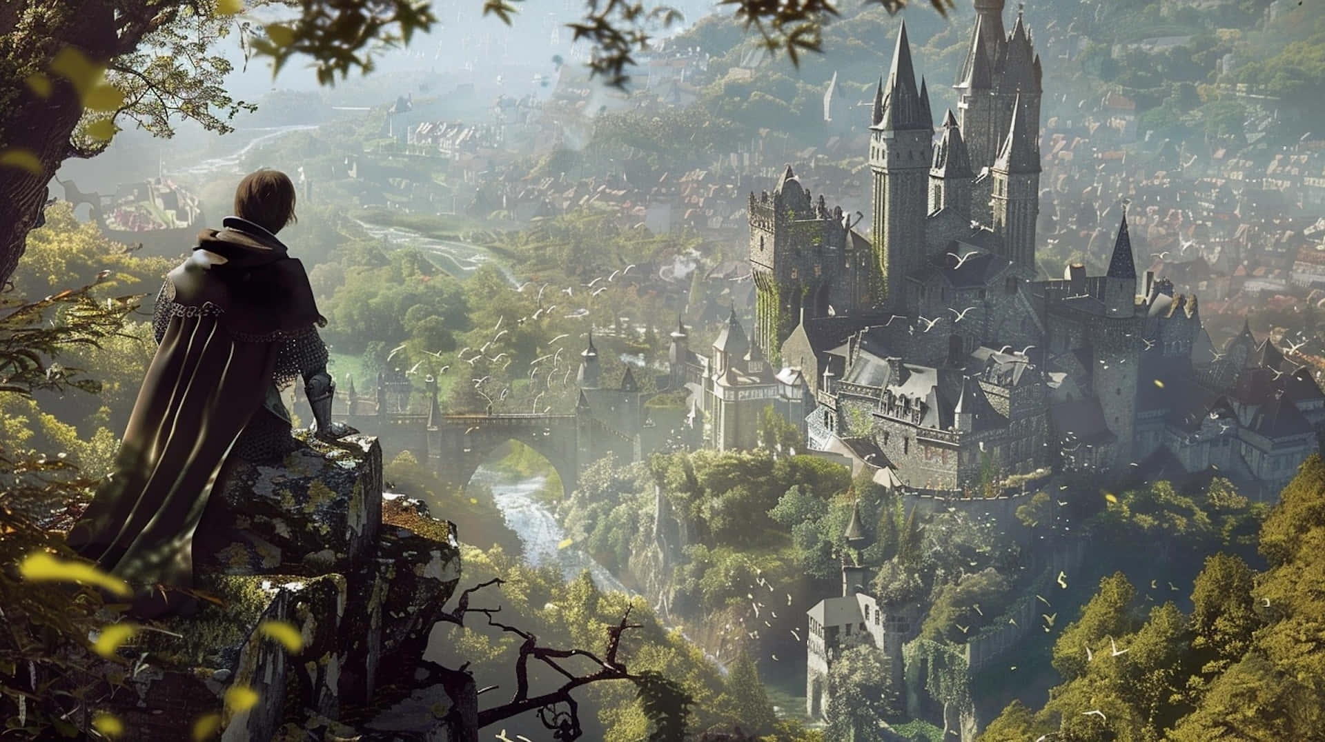 medieval fantasy city, lush green valleys, misty rivers, Full HD Desktop Wallpaper