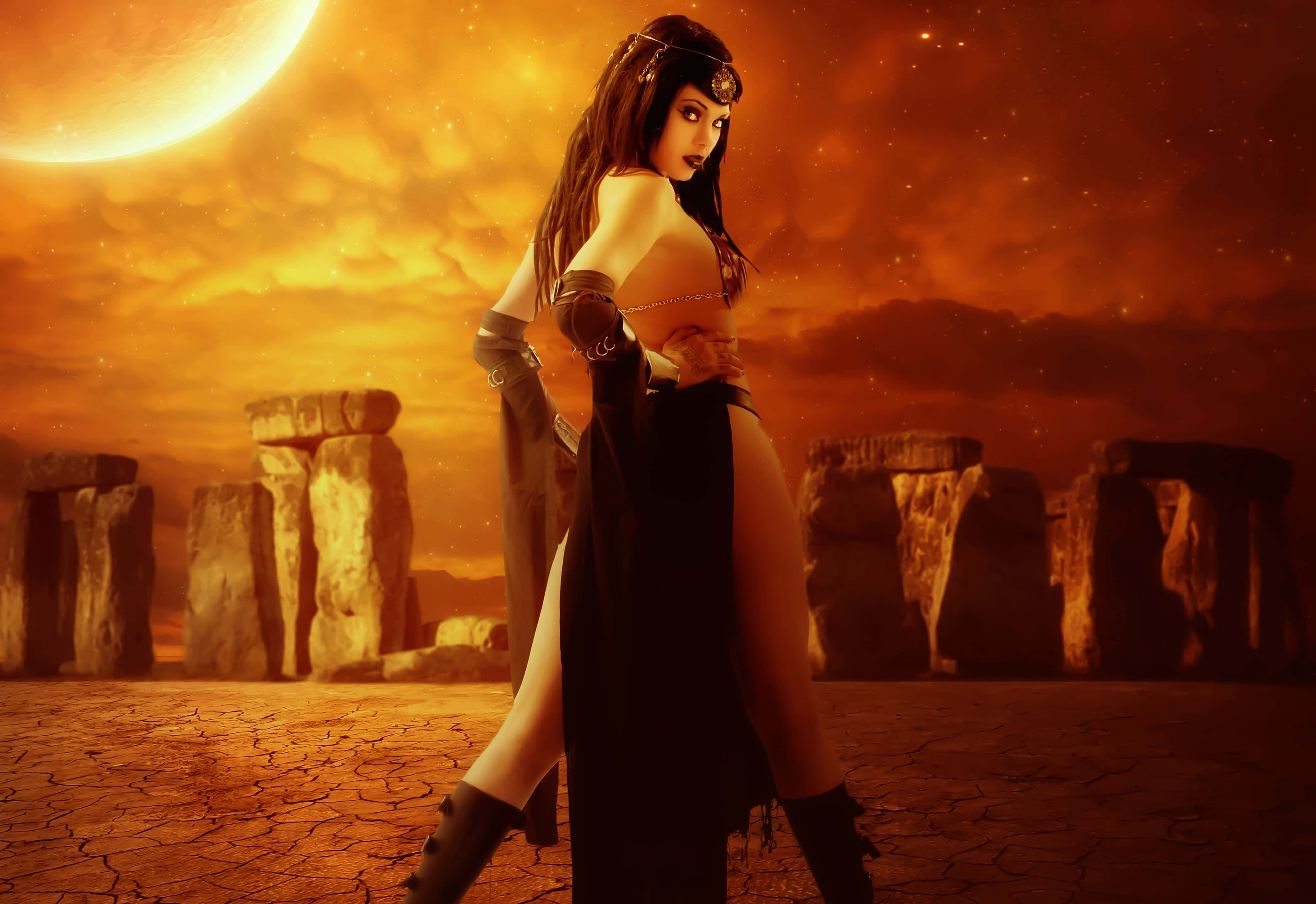 Gothic Fantasy, eclipse warrior, ancient stone circles, 4K Desktop Wallpaper