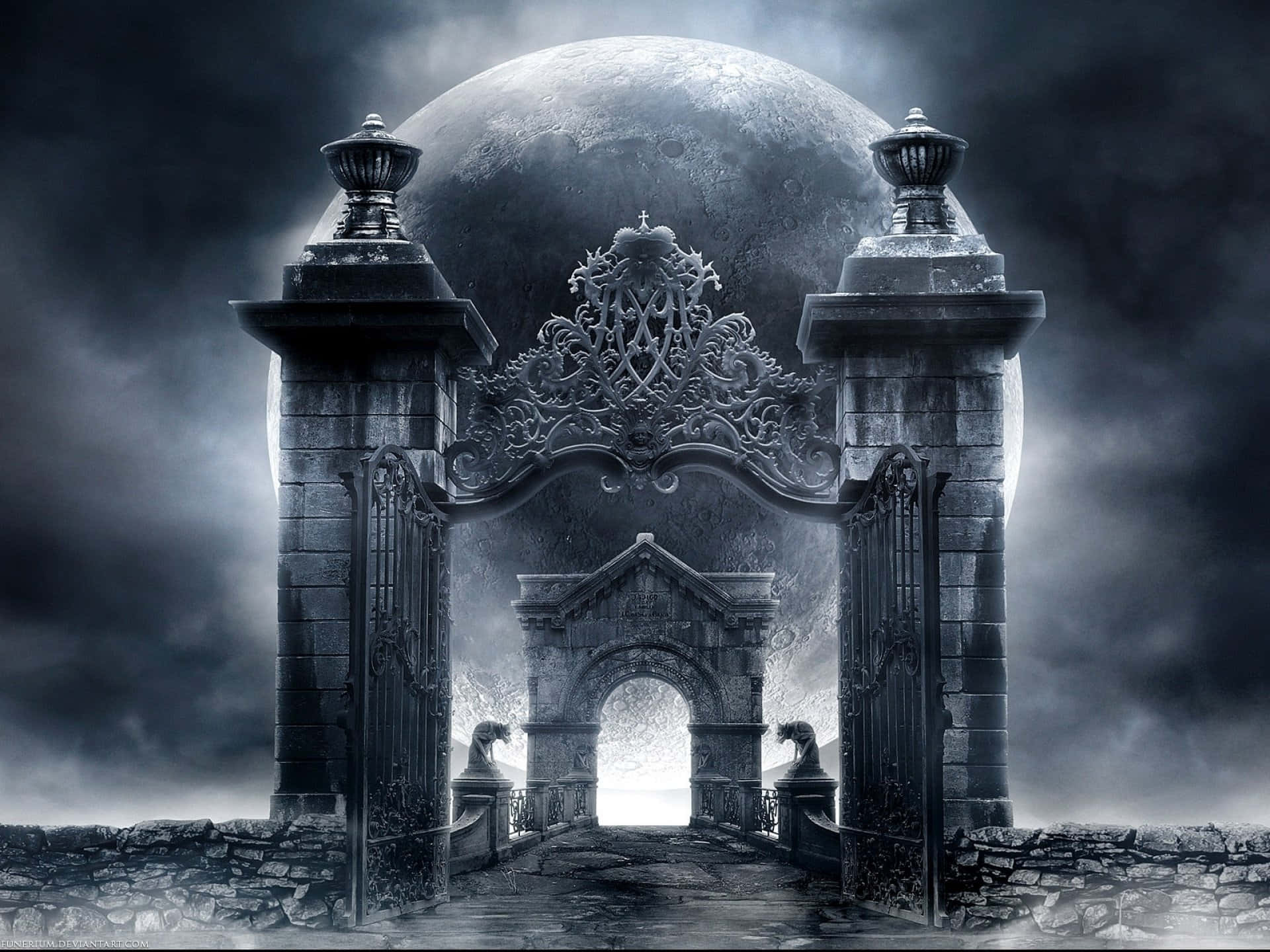 mystical castle, ornate stone gate, massive moon, Full HD Desktop Wallpaper