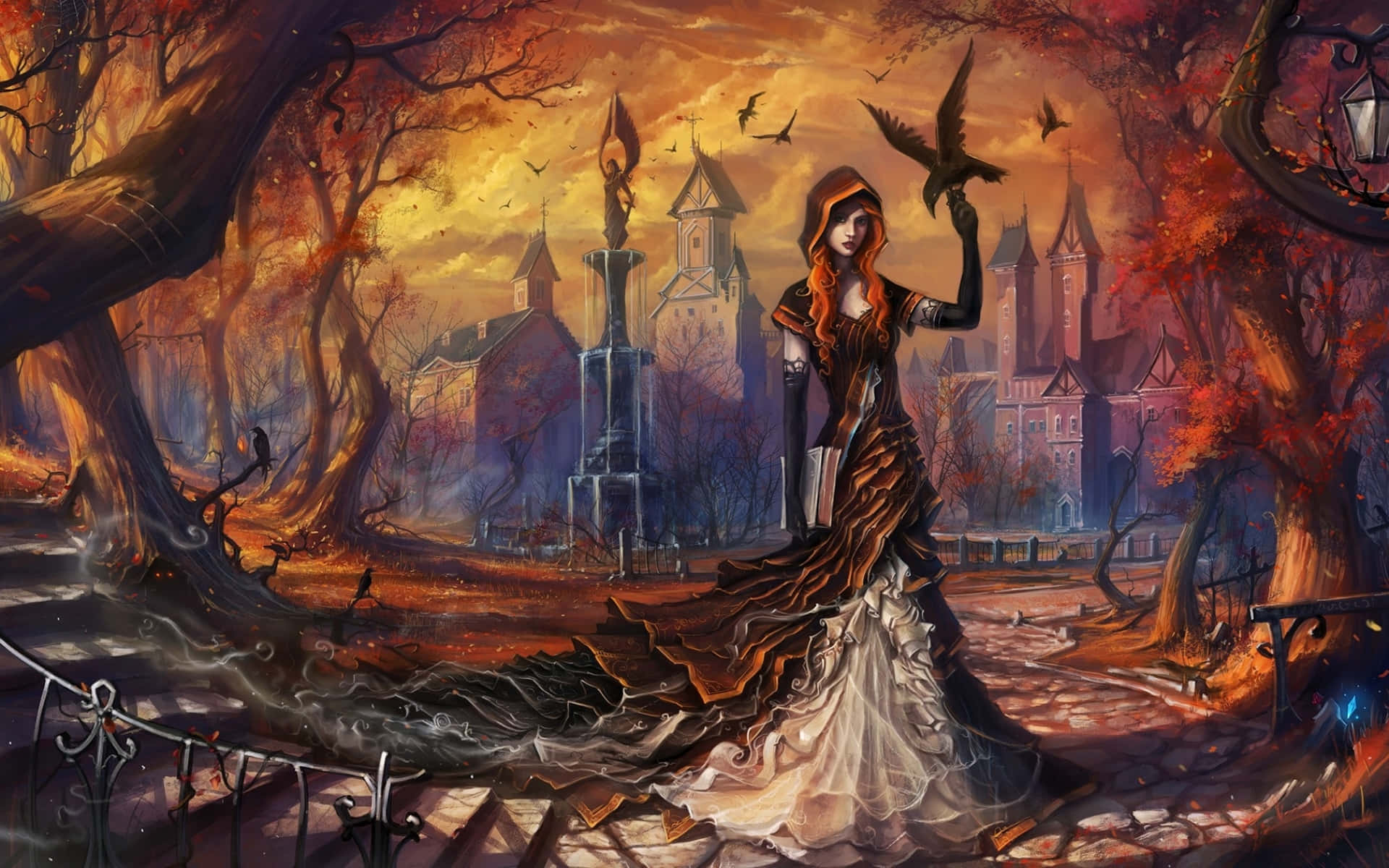 hooded woman, flowing gown, fiery autumn forest, Full HD Desktop Wallpaper