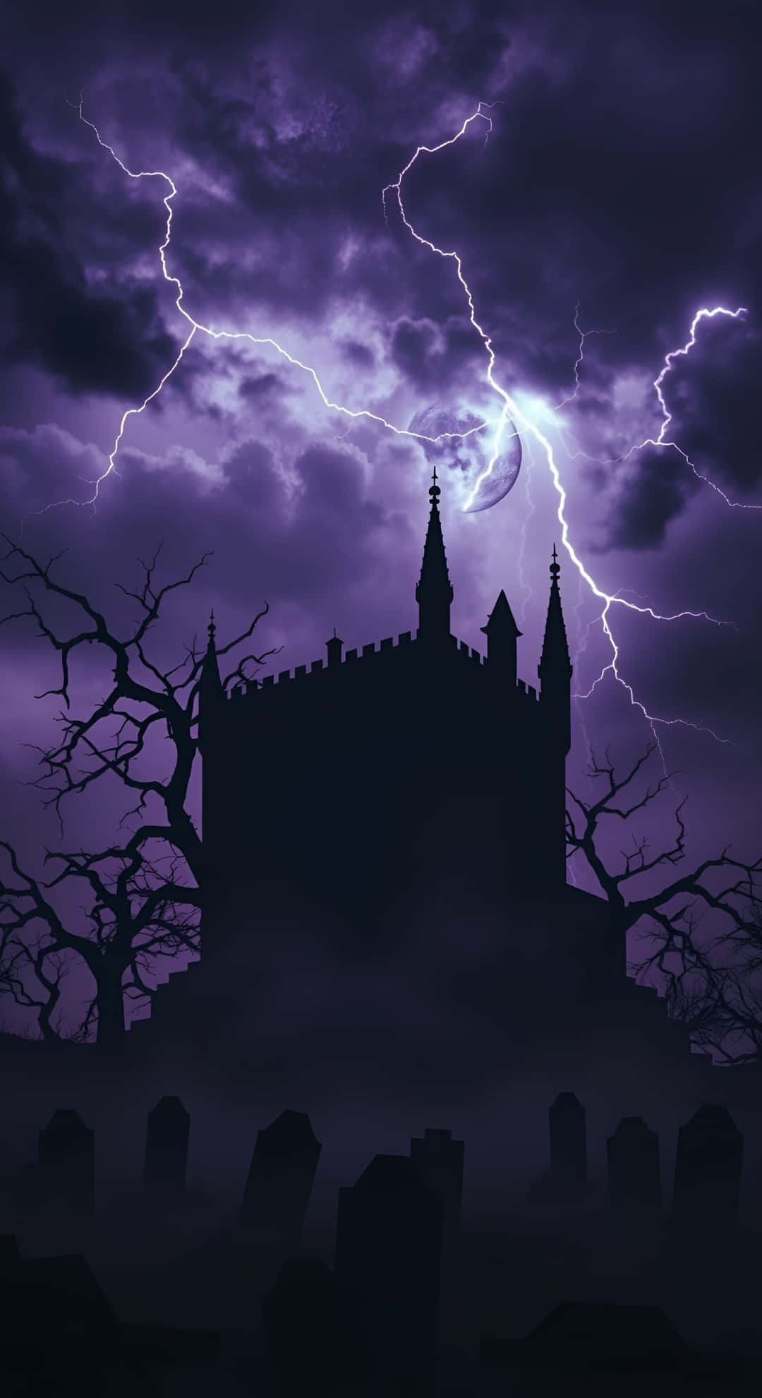 gothic castle, graveyard, stormy purple sky, Full HD Phone Wallpaper