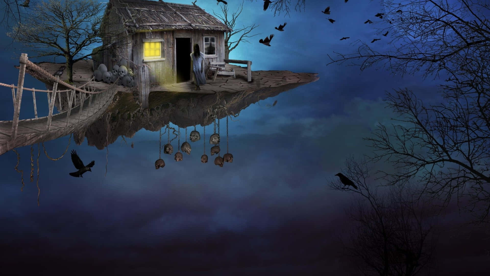 Gothic Fantasy, lakeside hut, ghostly figure, Full HD Desktop Wallpaper