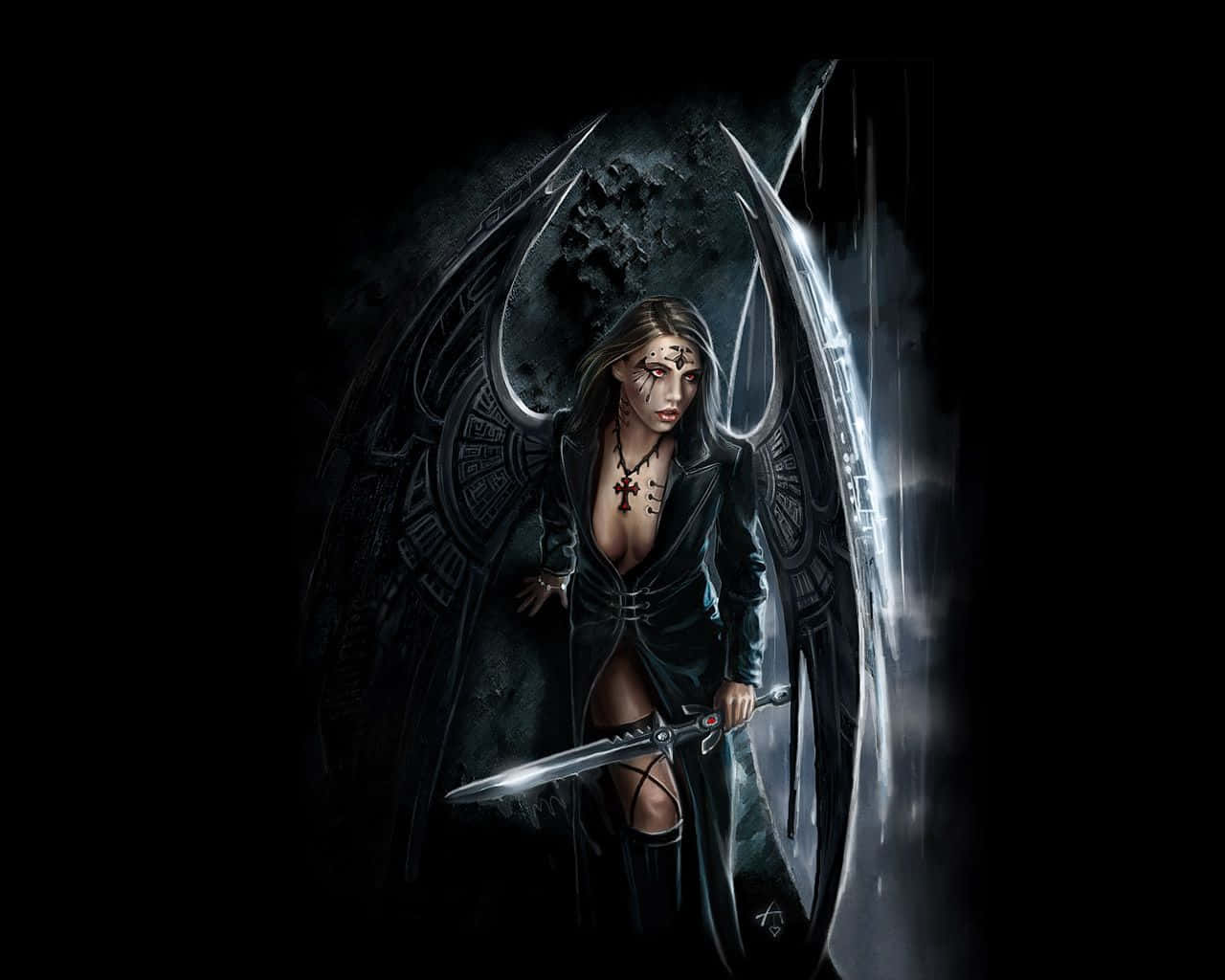 gothic castle, full moon, dark-winged female warrior, HD Desktop Wallpaper