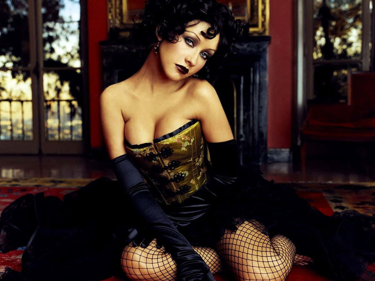 gold corset, black gloves, patterned rug, SD Desktop Wallpaper