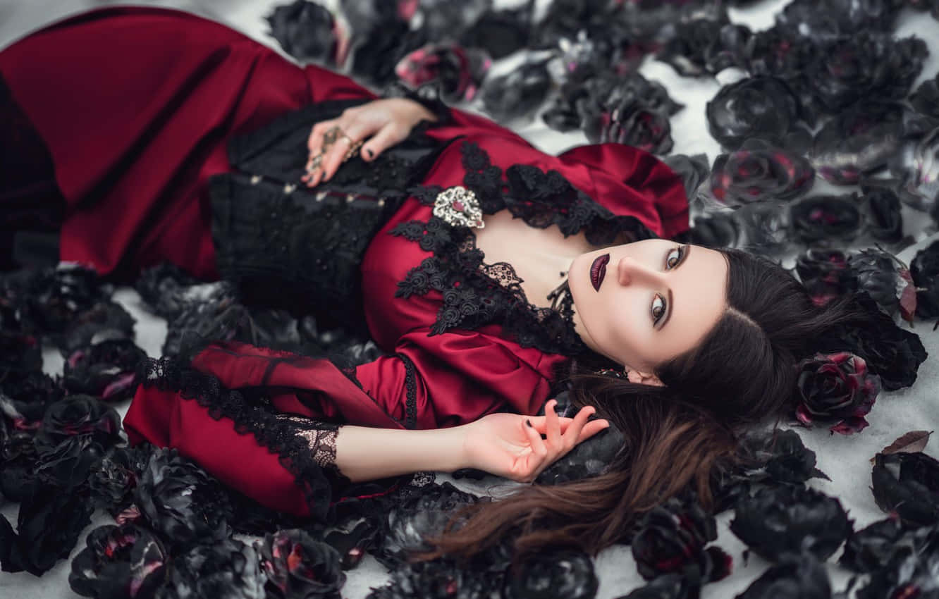 red satin gown, black lace, black roses, HD Desktop Wallpaper