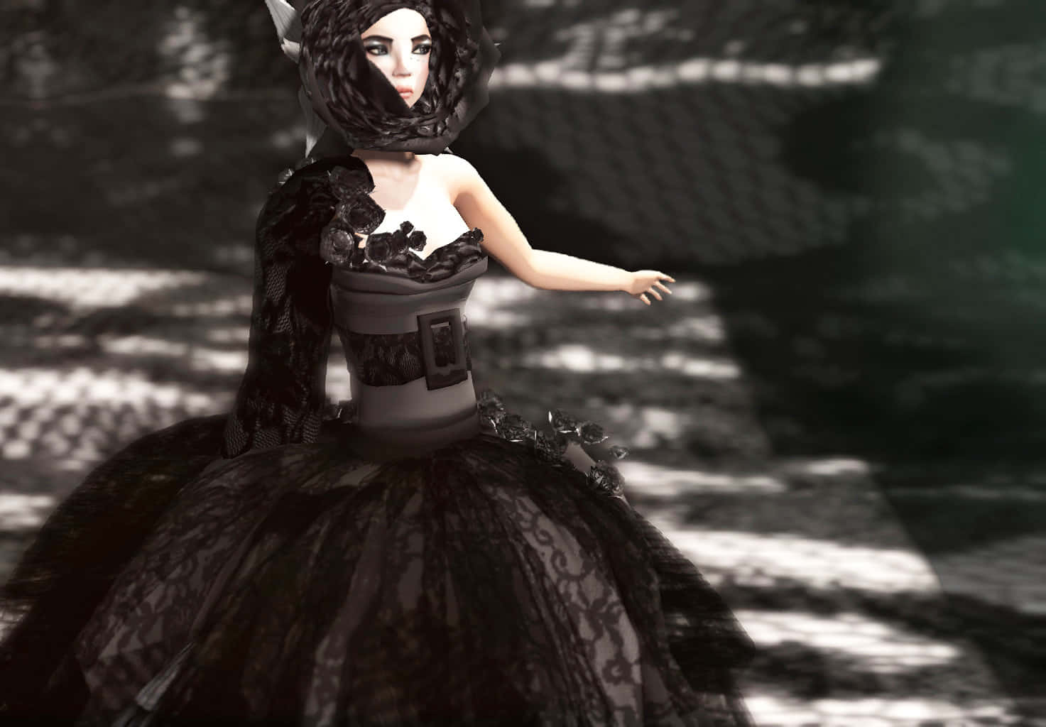 Gothic Fashion, black lace gown, shadowy forest clearing, HD Desktop Wallpaper
